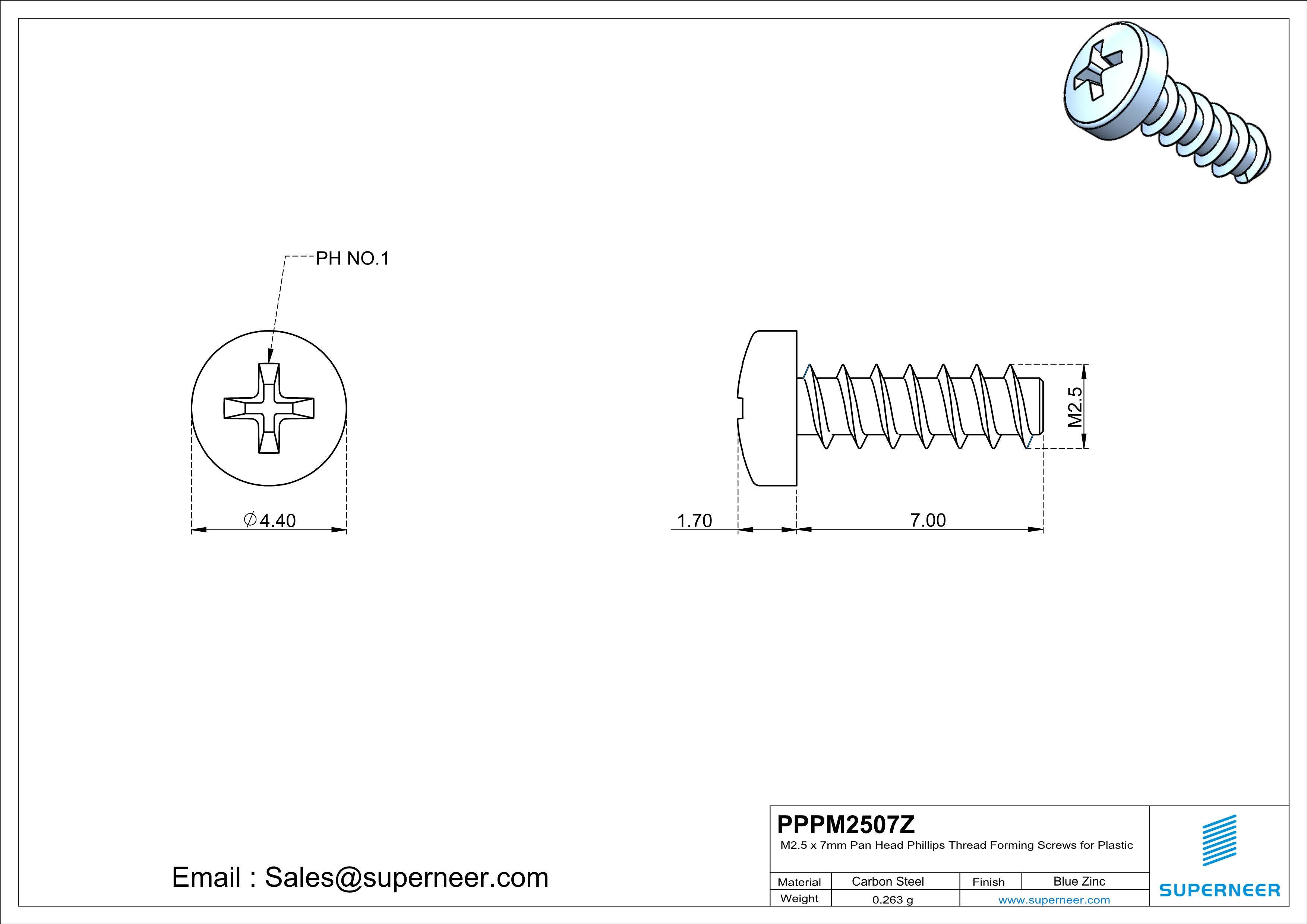 M2.5 &times; 7mm  Pan Head Phillips Thread Foming Screws for Plastic   Steel Blue Zinc Plated