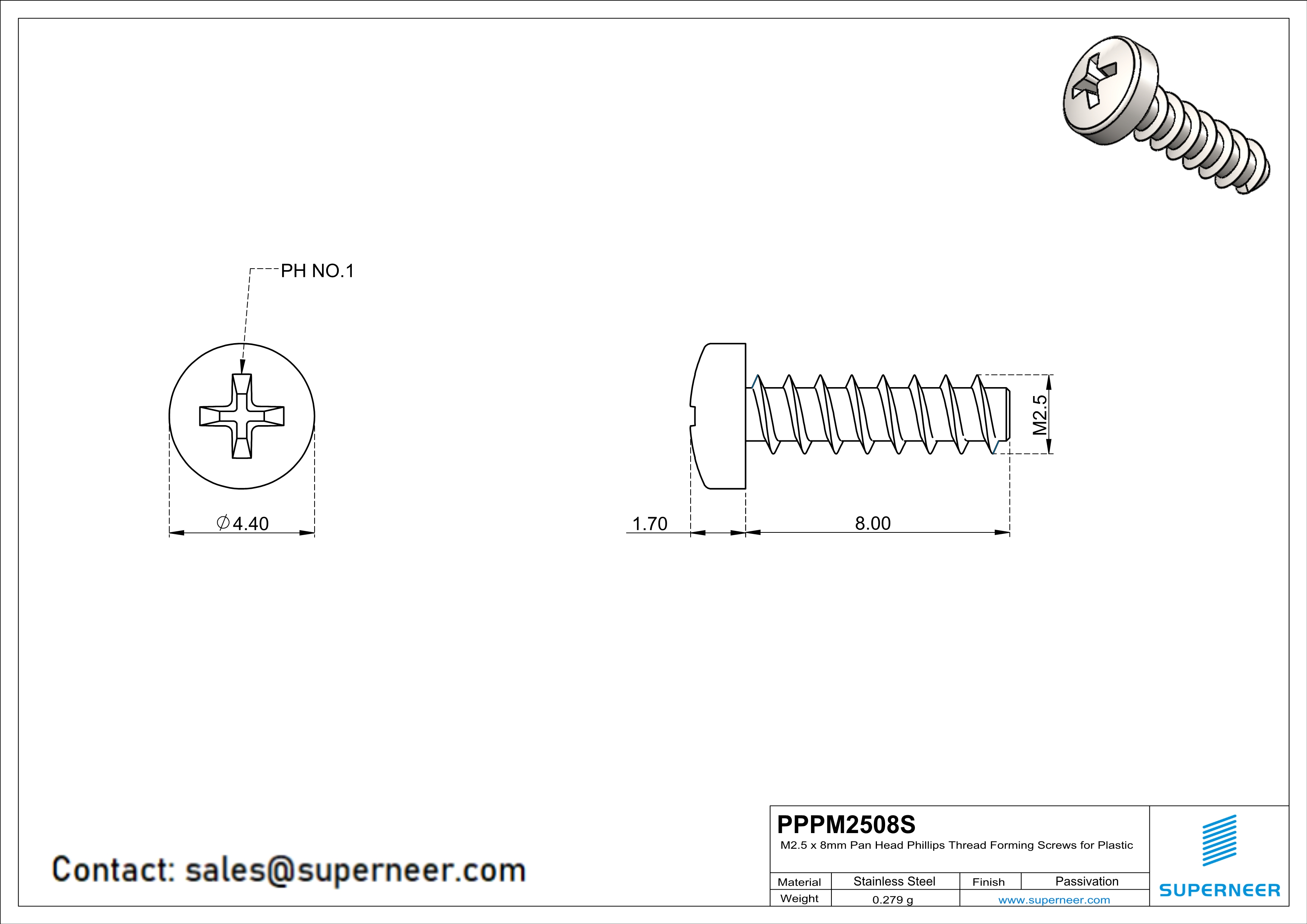 M2.5 &times; 8mm  Pan Head Phillips Thread Foming Screws for Plastic SUS304 Stainless Steel Inox