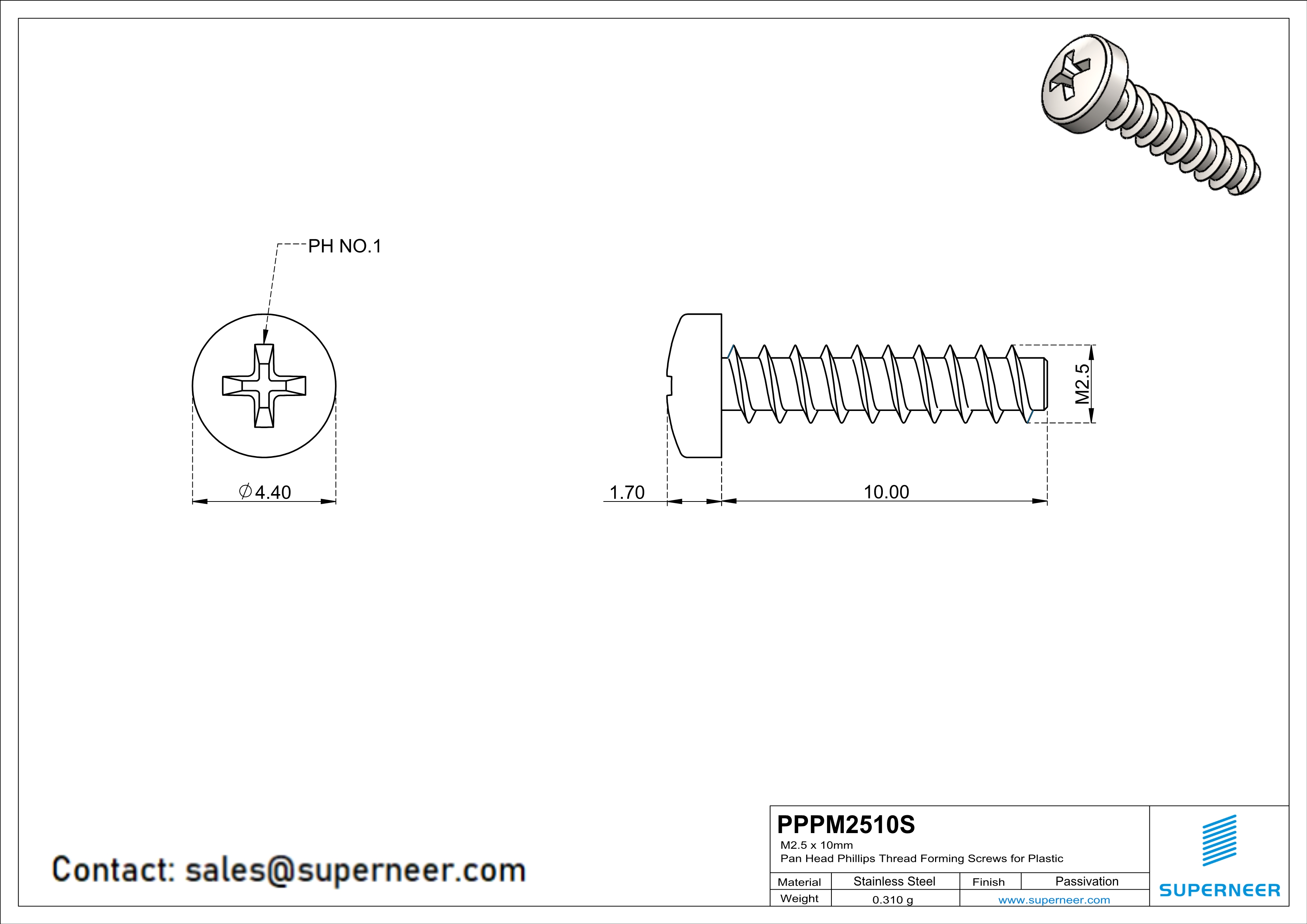 M2.5 &times; 10mm  Pan Head Phillips Thread Foming Screws for Plastic SUS304 Stainless Steel Inox