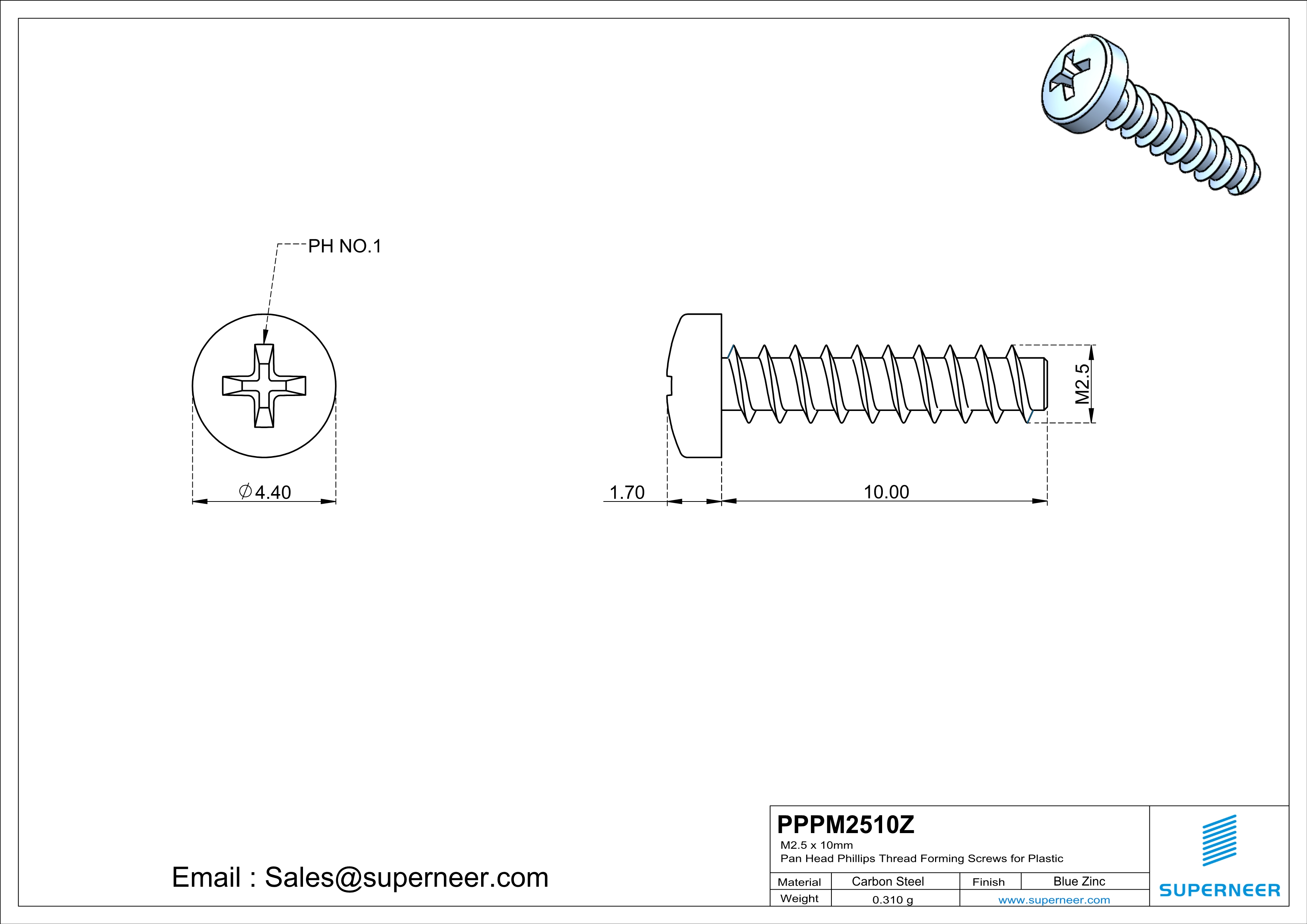 M2.5 &times; 10mm  Pan Head Phillips Thread Foming Screws for Plastic   Steel Blue Zinc Plated