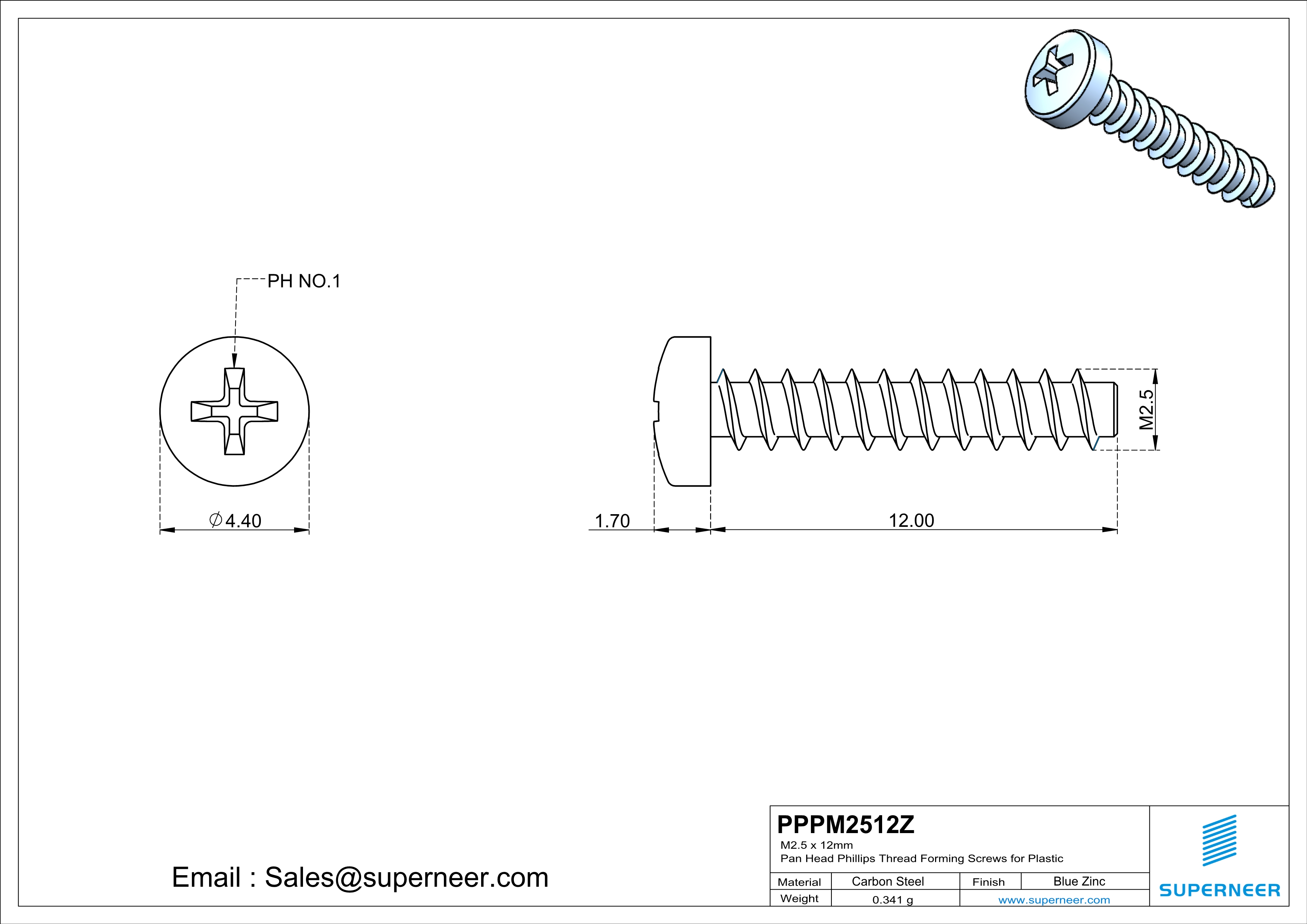M2.5 &times; 12mm  Pan Head Phillips Thread Foming Screws for Plastic   Steel Blue Zinc Plated