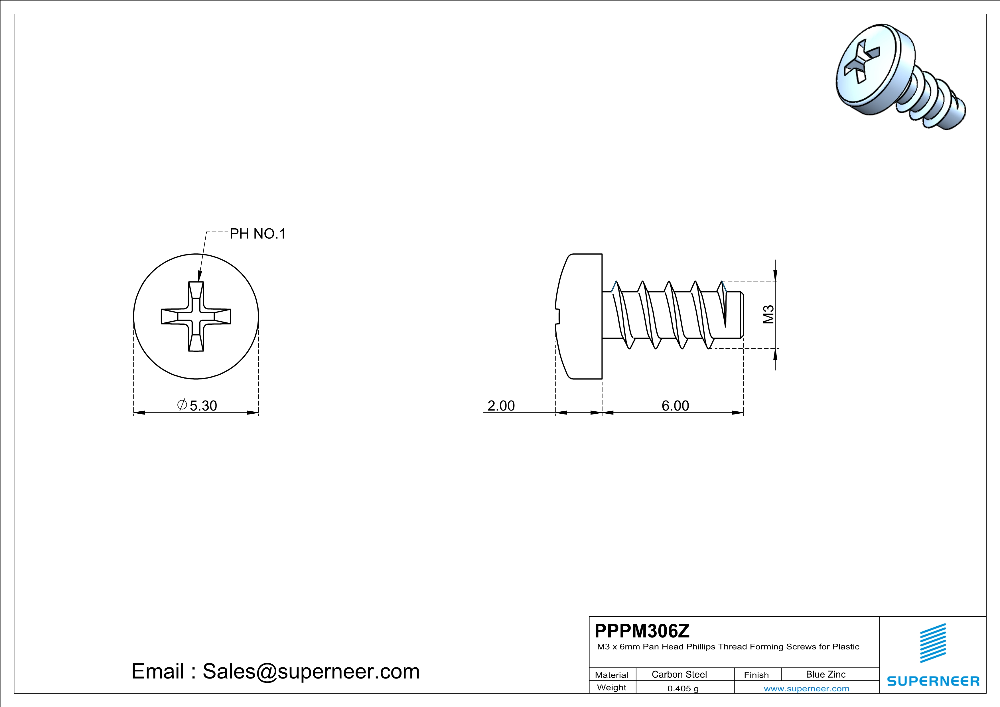 M3 &times; 6mm  Pan Head Phillips Thread Foming Screws for Plastic   Steel Blue Zinc Plated