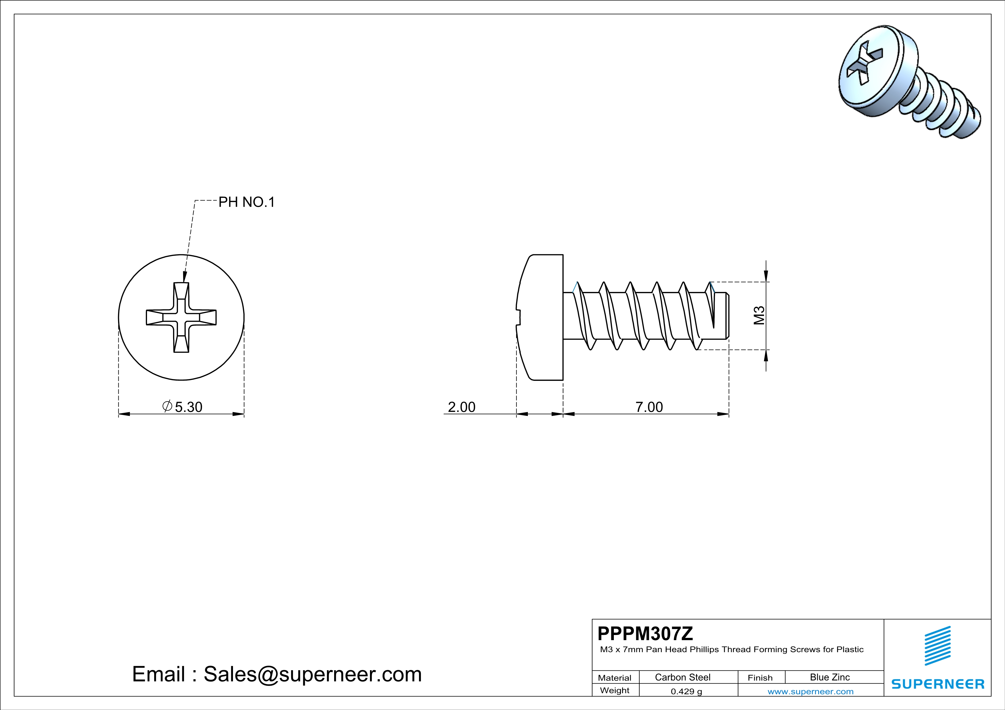 M3 &times; 7mm  Pan Head Phillips Thread Foming Screws for Plastic   Steel Blue Zinc Plated