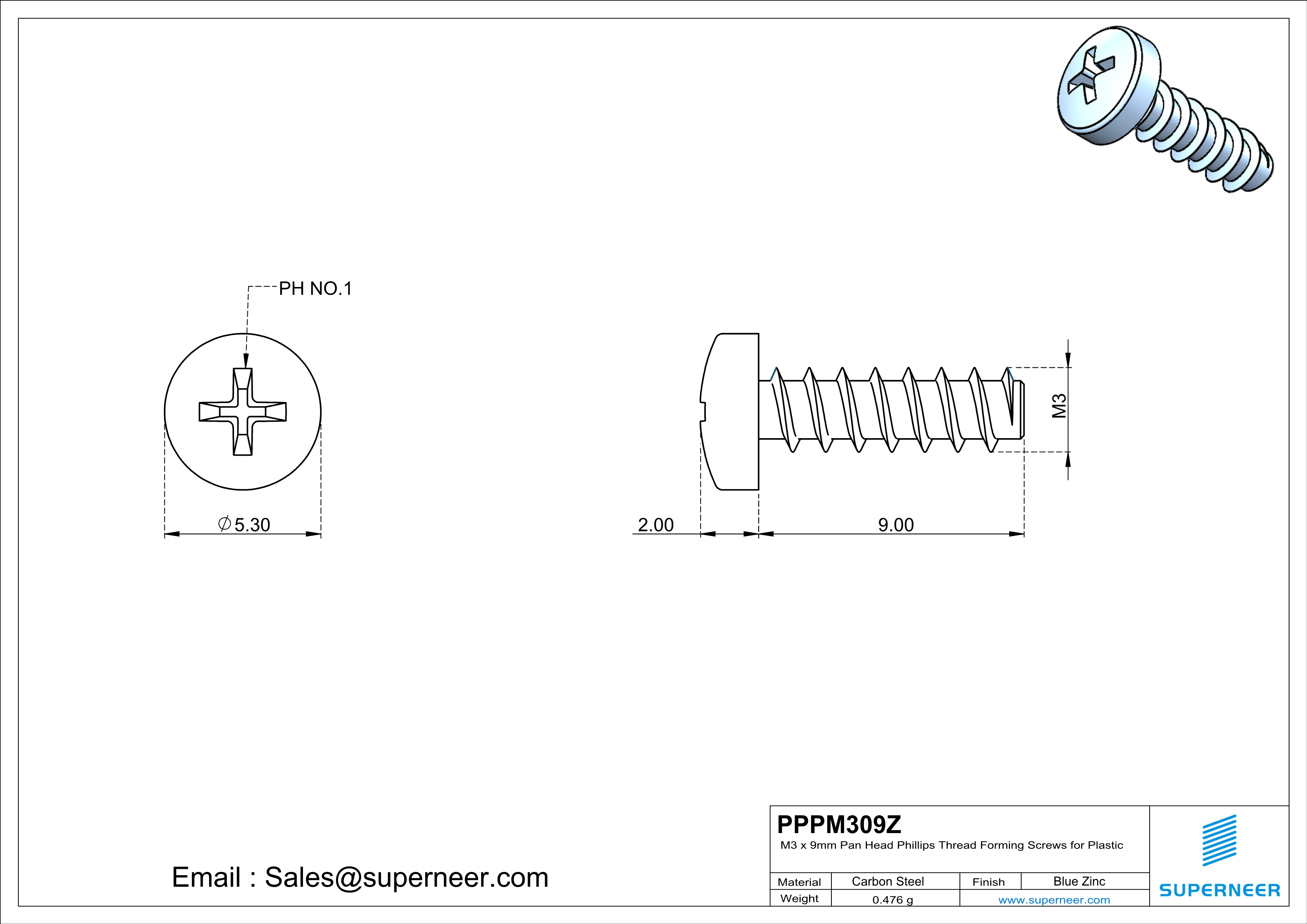 M3 &times; 9mm  Pan Head Phillips Thread Foming Screws for Plastic   Steel Blue Zinc Plated