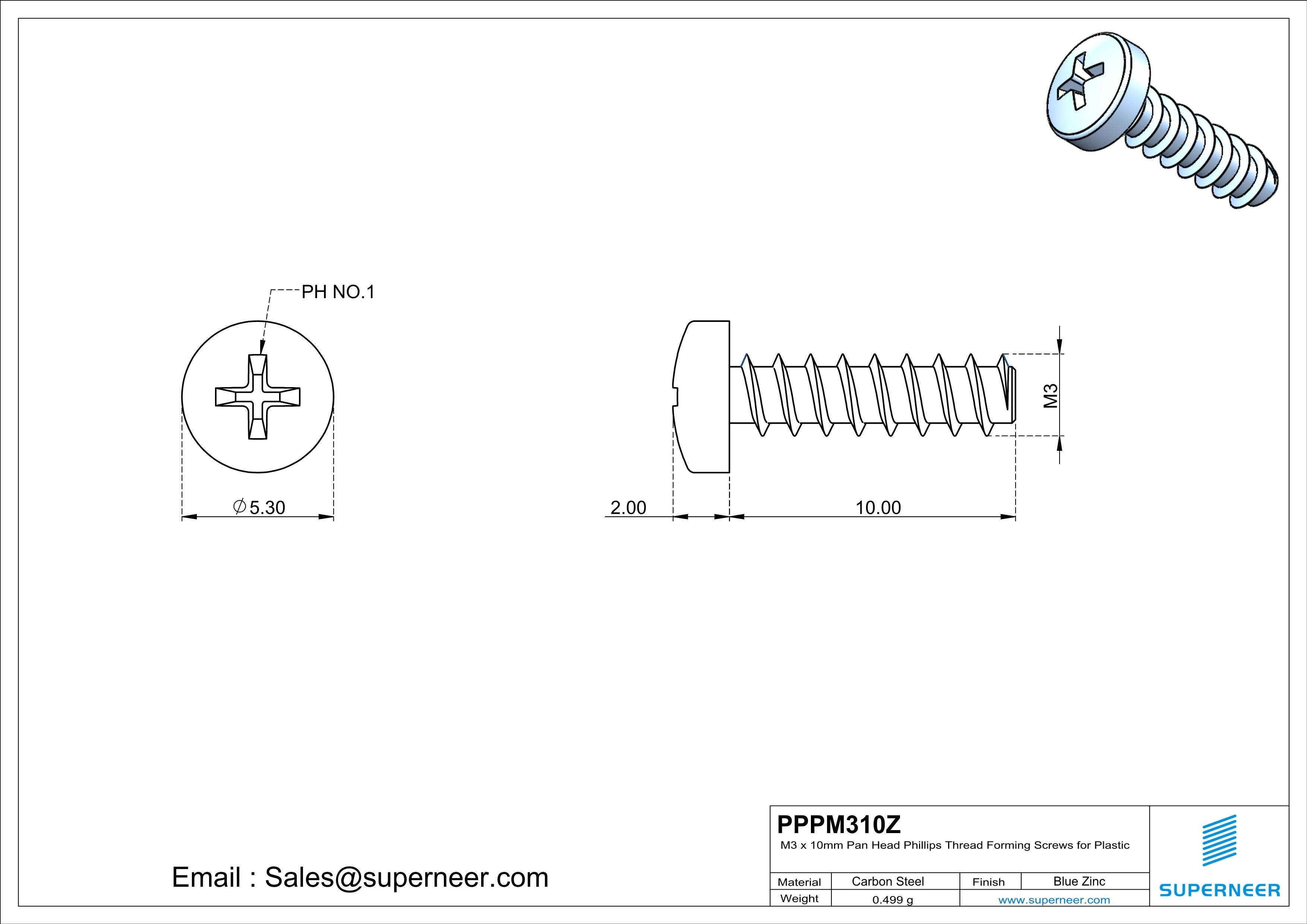 M3 &times; 10mm  Pan Head Phillips Thread Foming Screws for Plastic   Steel Blue Zinc Plated