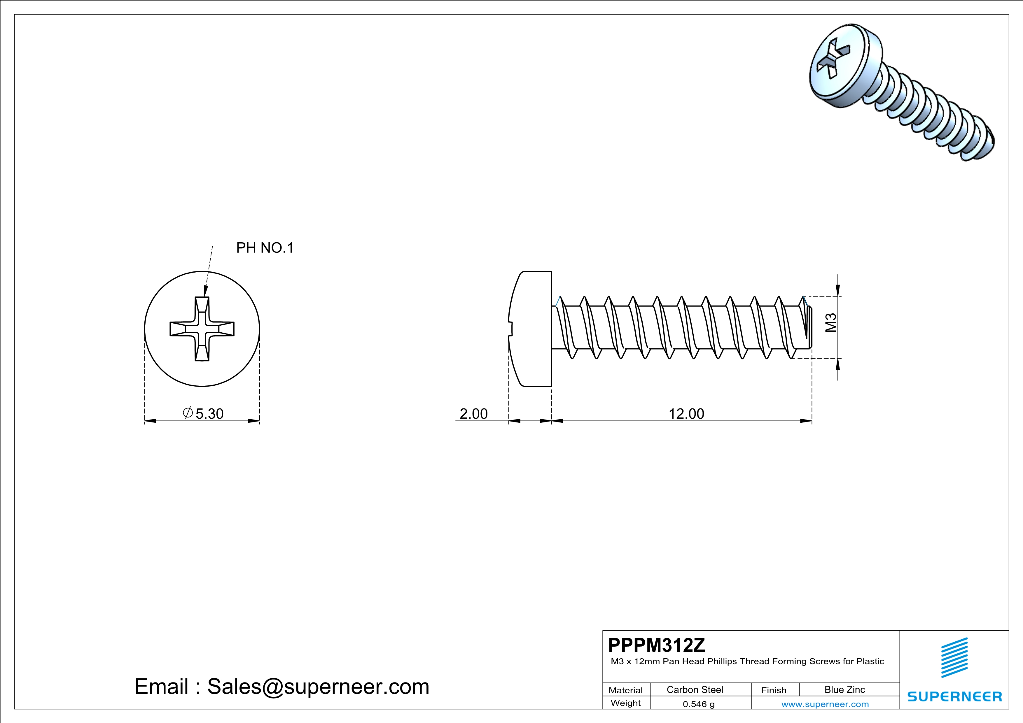 M3 &times; 12mm  Pan Head Phillips Thread Foming Screws for Plastic   Steel Blue Zinc Plated