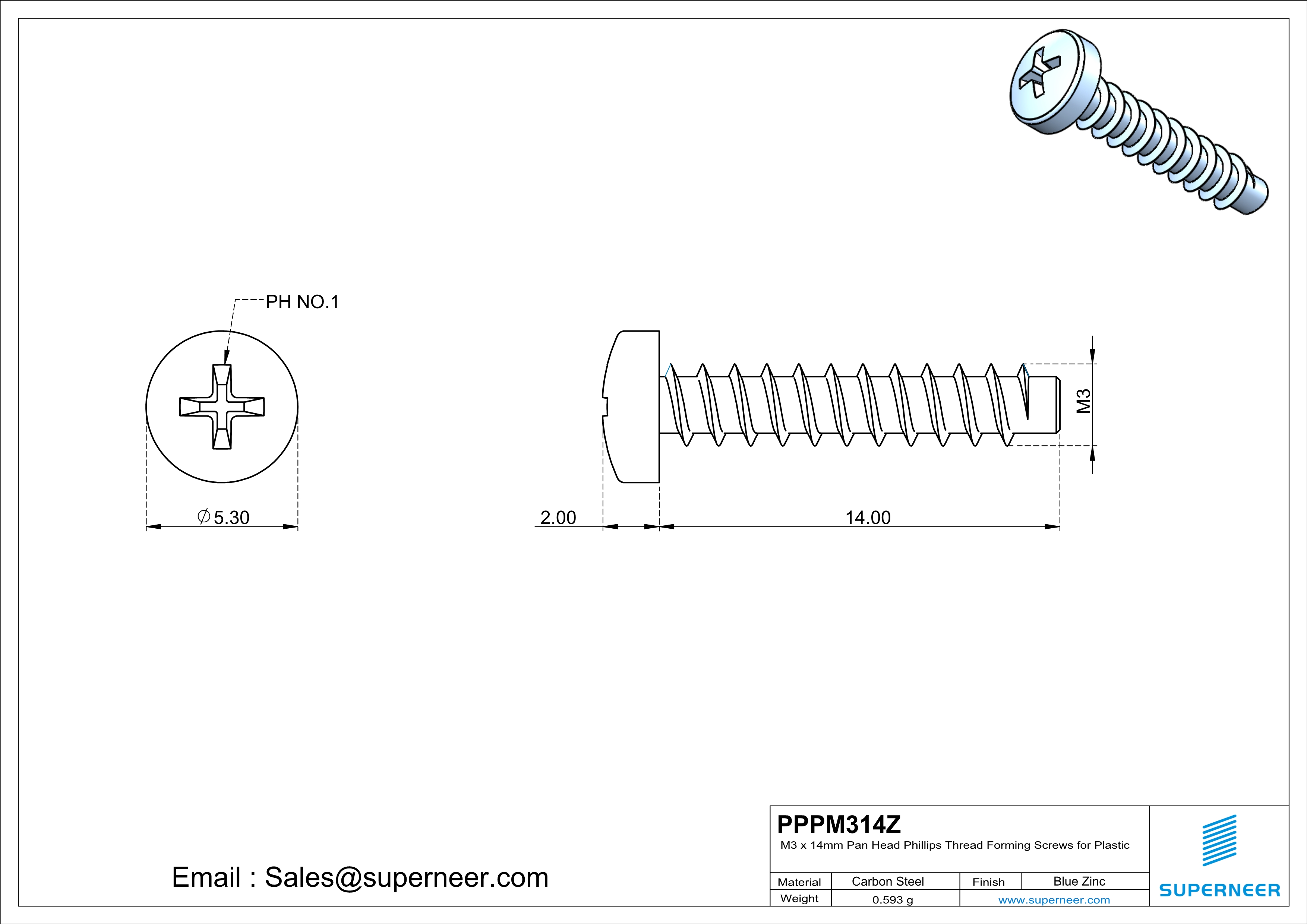 M3 &times; 14mm  Pan Head Phillips Thread Foming Screws for Plastic   Steel Blue Zinc Plated