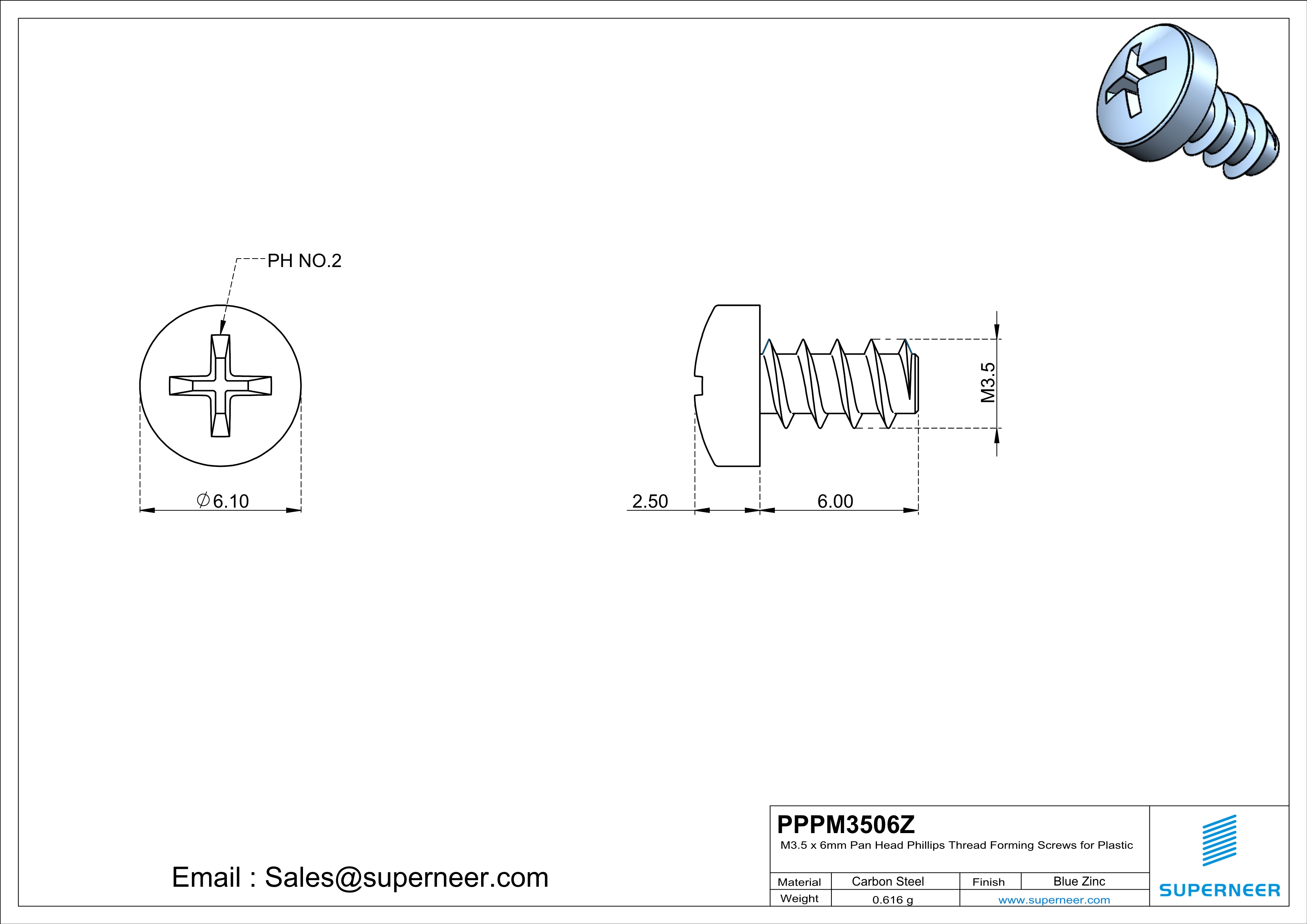 M3.5 &times; 6mm  Pan Head Phillips Thread Foming Screws for Plastic   Steel Blue Zinc Plated