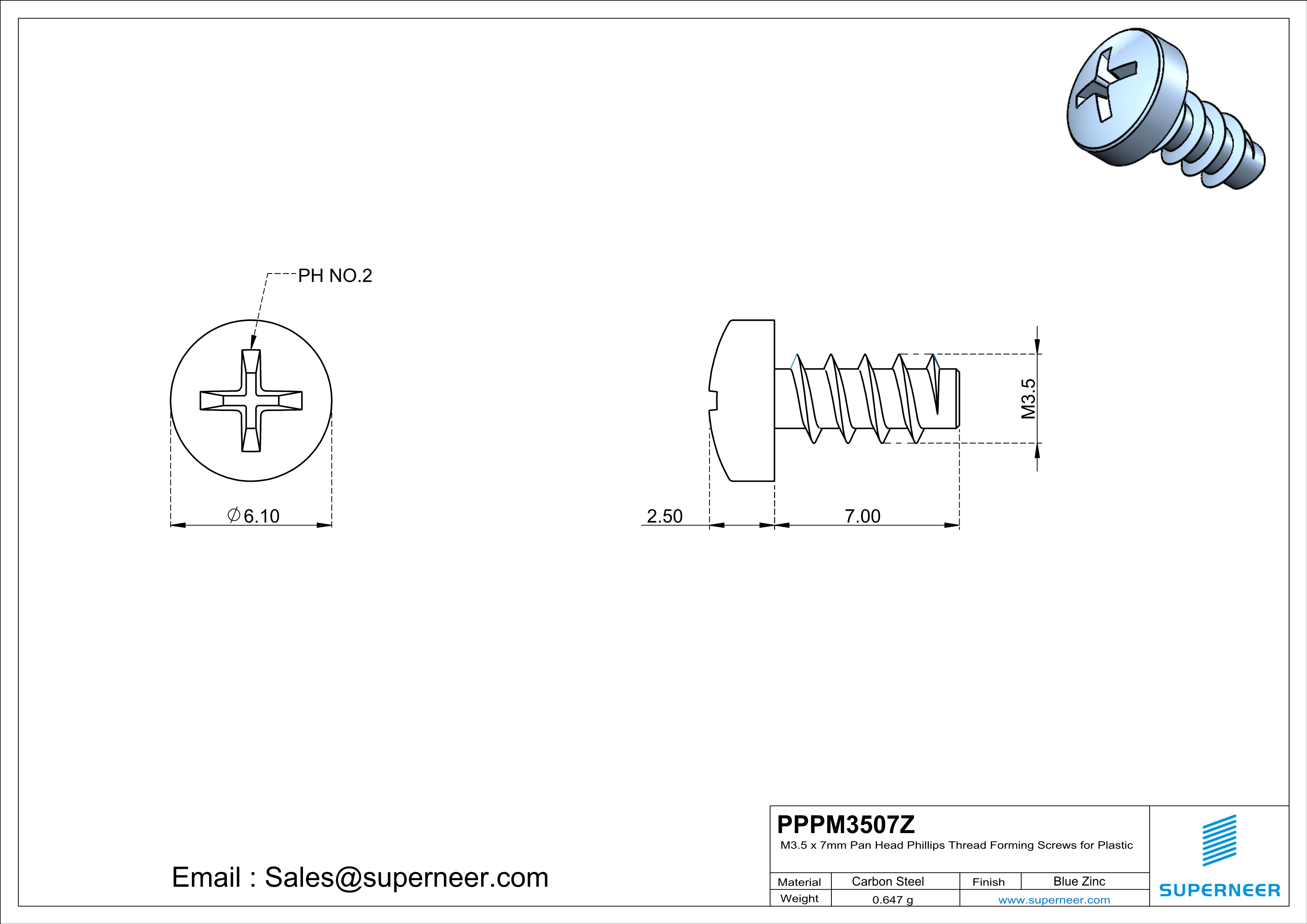 M3.5 &times; 7mm  Pan Head Phillips Thread Foming Screws for Plastic   Steel Blue Zinc Plated