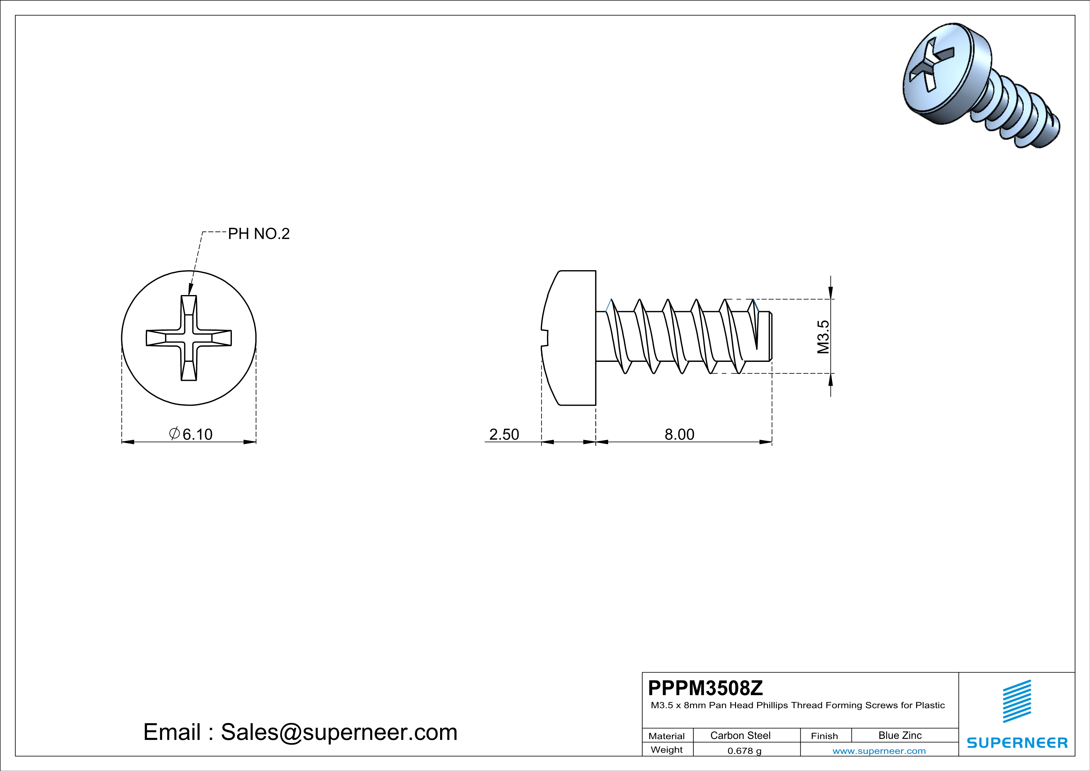 M3.5 &times; 8mm  Pan Head Phillips Thread Foming Screws for Plastic   Steel Blue Zinc Plated