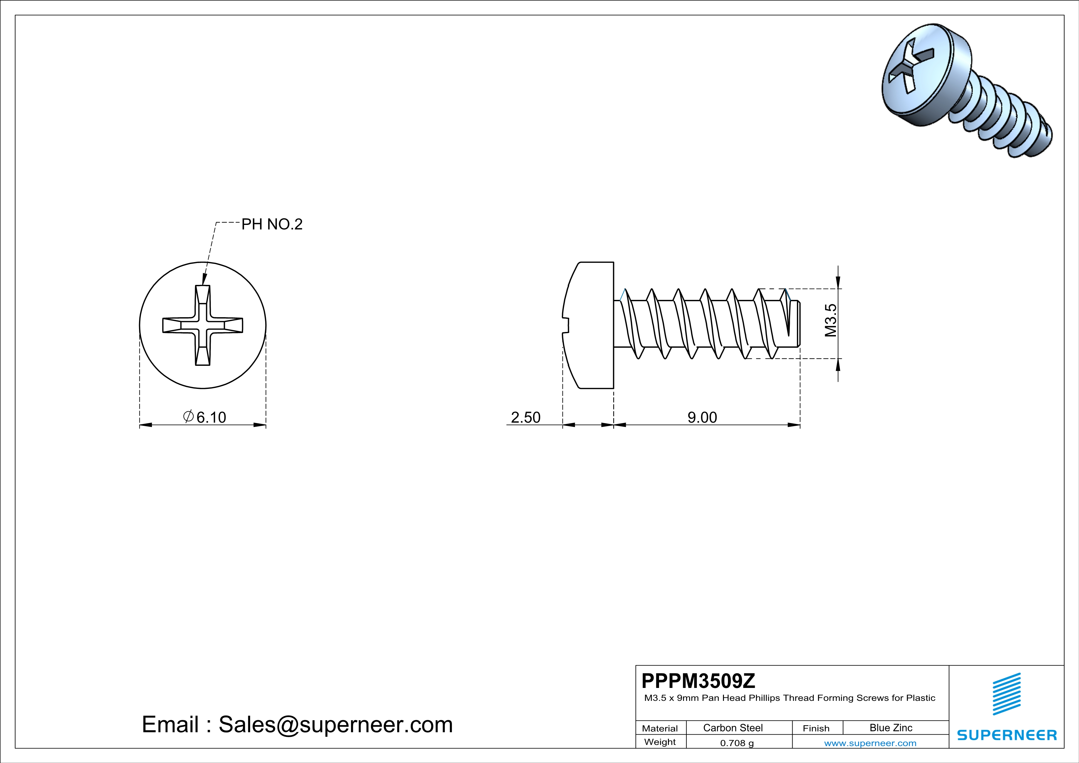 M3.5 &times; 9mm  Pan Head Phillips Thread Foming Screws for Plastic   Steel Blue Zinc Plated
