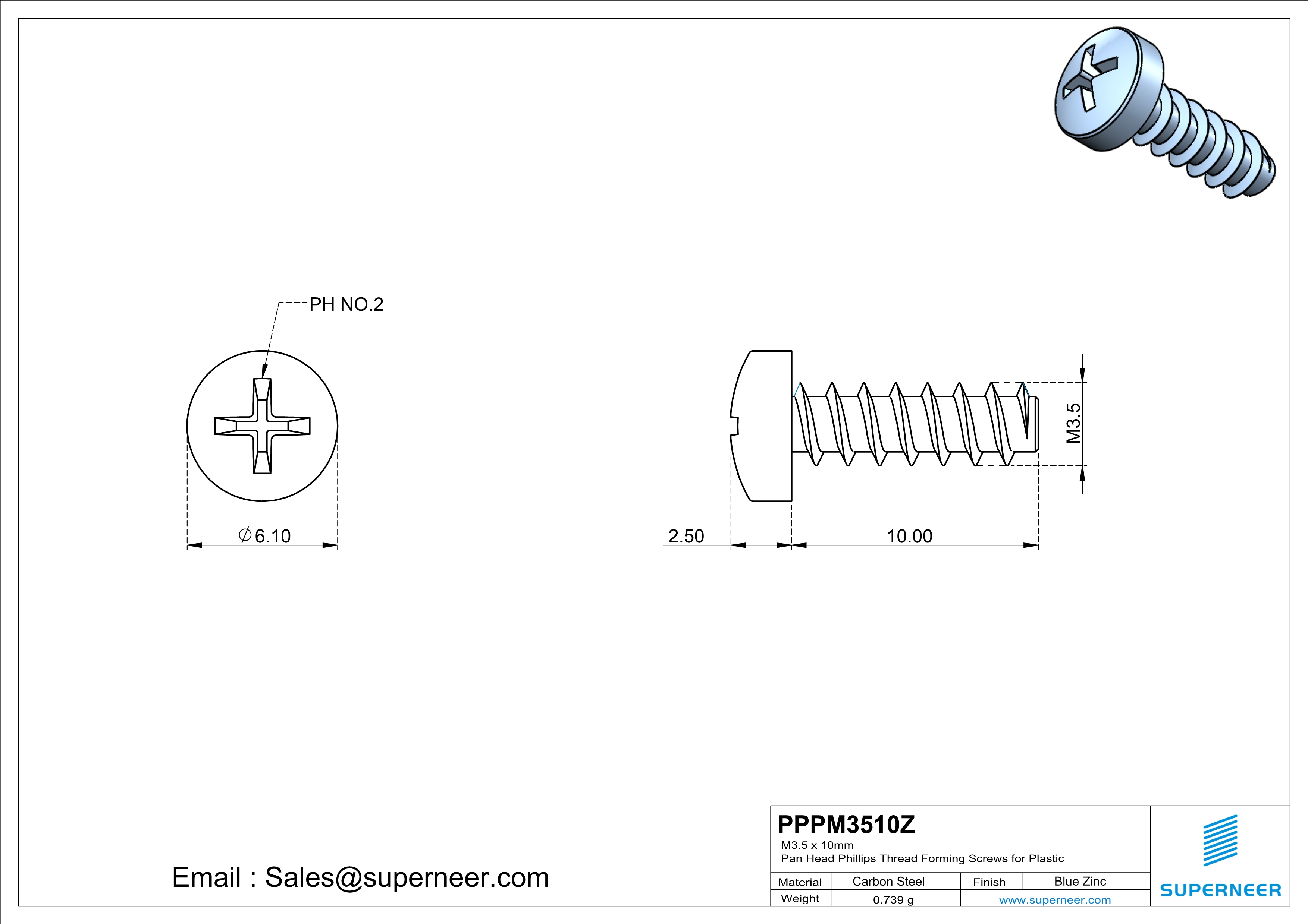 M3.5 &times; 10mm  Pan Head Phillips Thread Foming Screws for Plastic   Steel Blue Zinc Plated