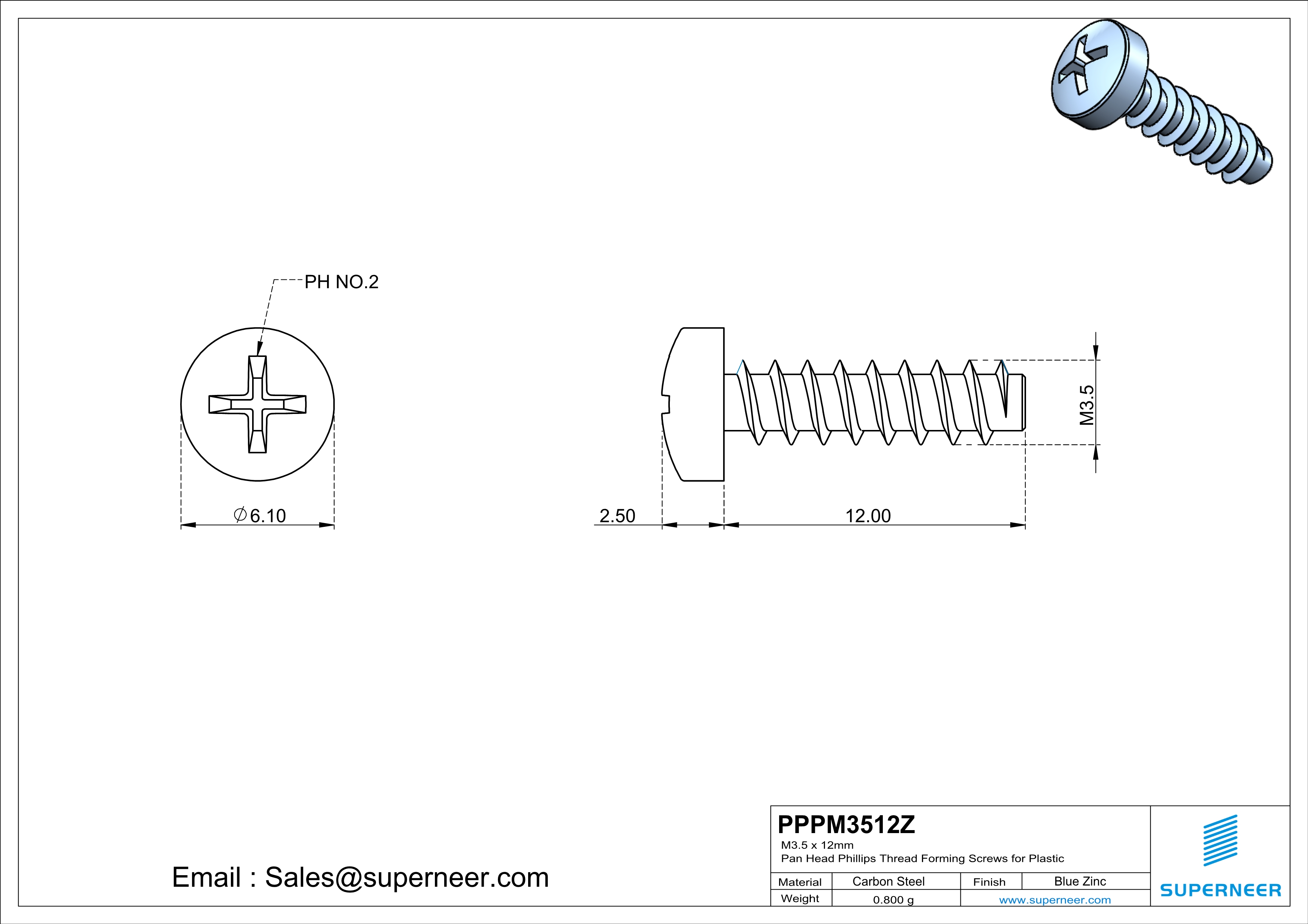 M3.5 &times; 12mm  Pan Head Phillips Thread Foming Screws for Plastic   Steel Blue Zinc Plated