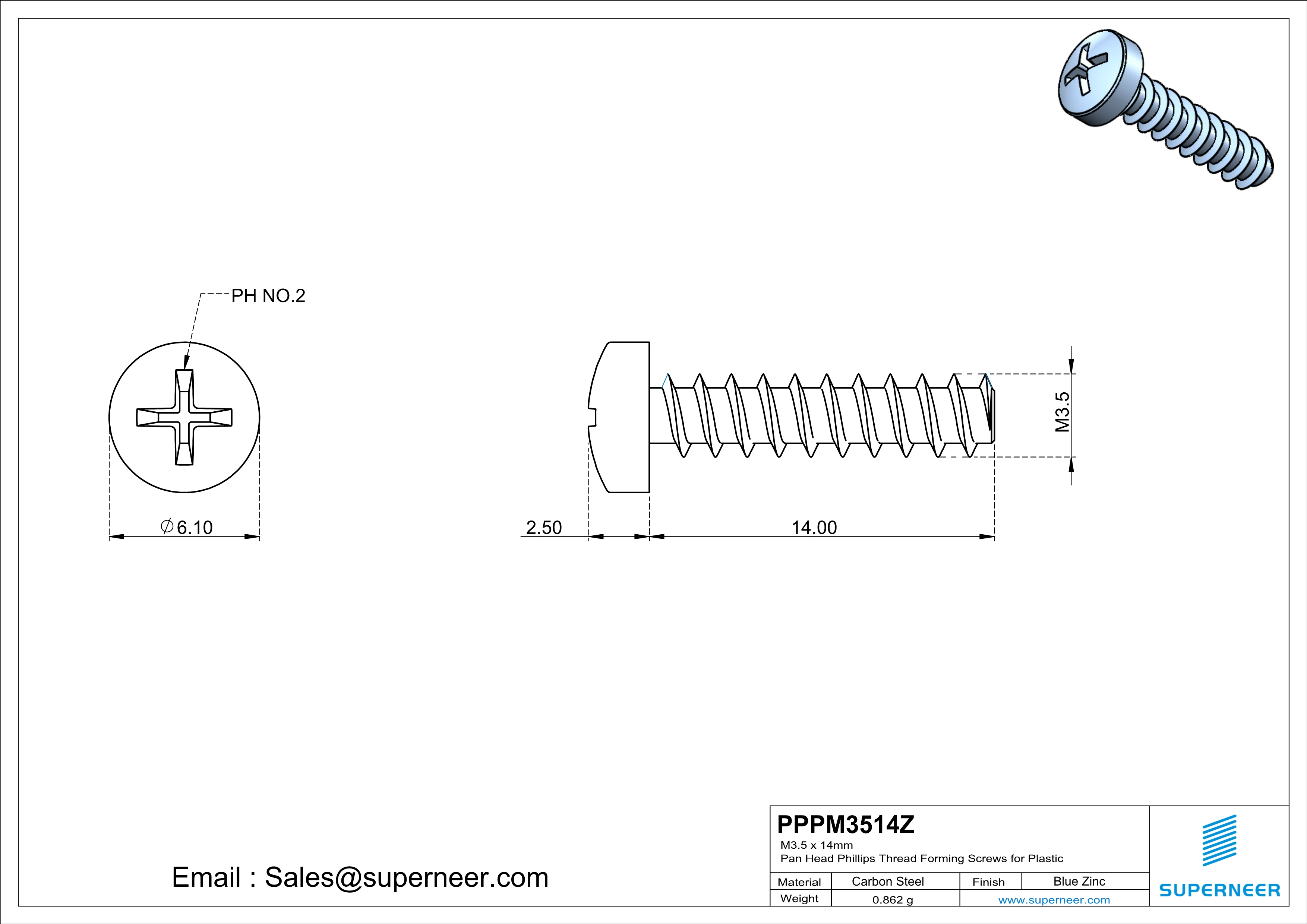 M3.5 &times; 14mm  Pan Head Phillips Thread Foming Screws for Plastic   Steel Blue Zinc Plated