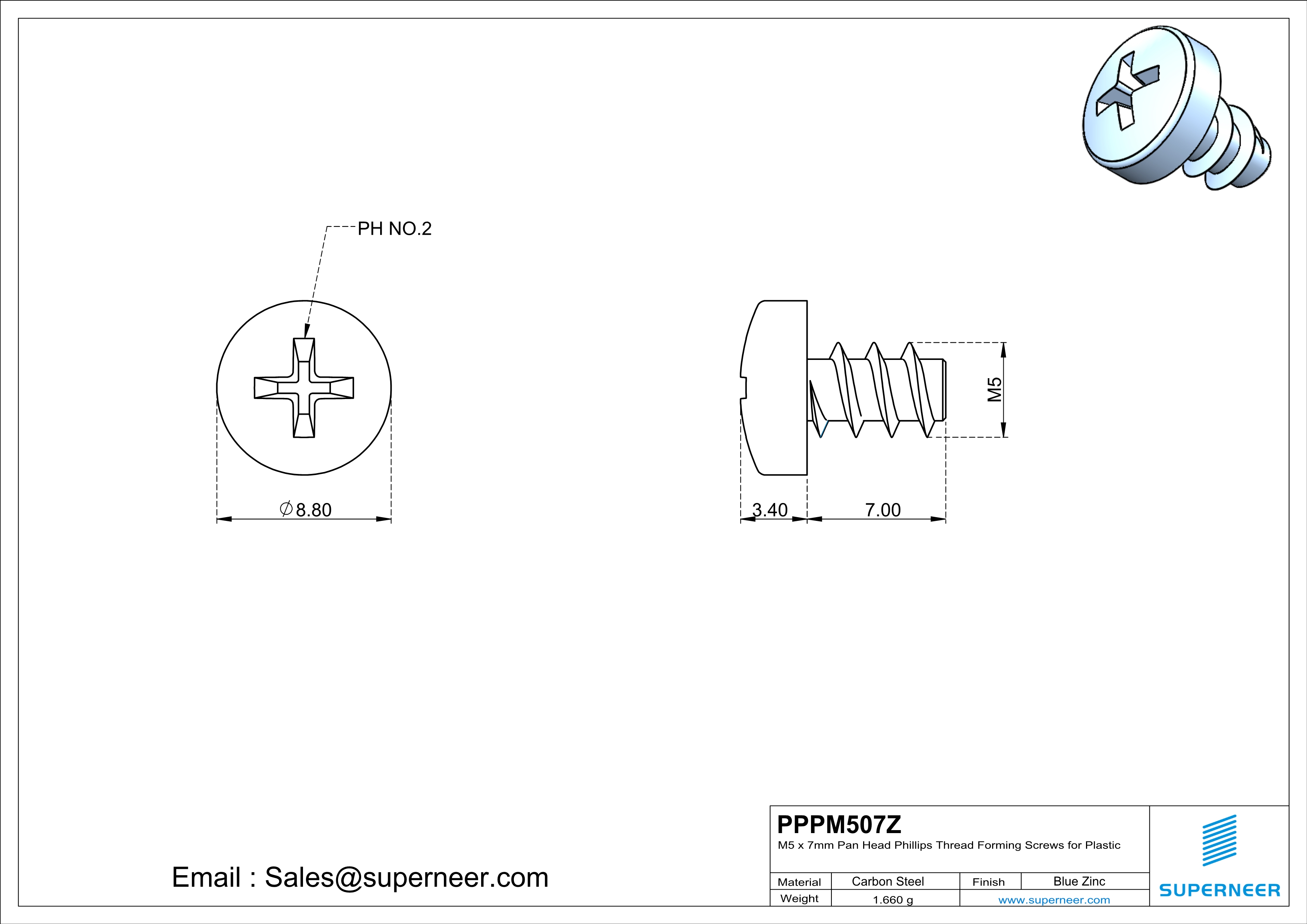 M5 &times; 7mm  Pan Head Phillips Thread Foming Screws for Plastic   Steel Blue Zinc Plated
