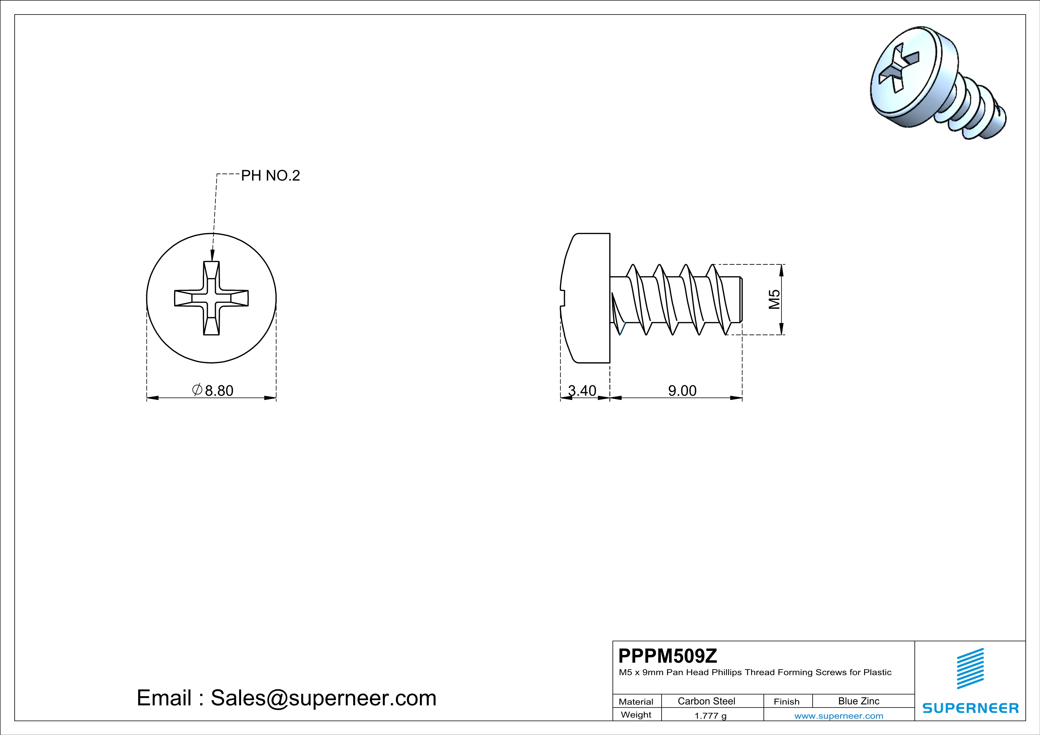 M5 &times; 9mm  Pan Head Phillips Thread Foming Screws for Plastic   Steel Blue Zinc Plated