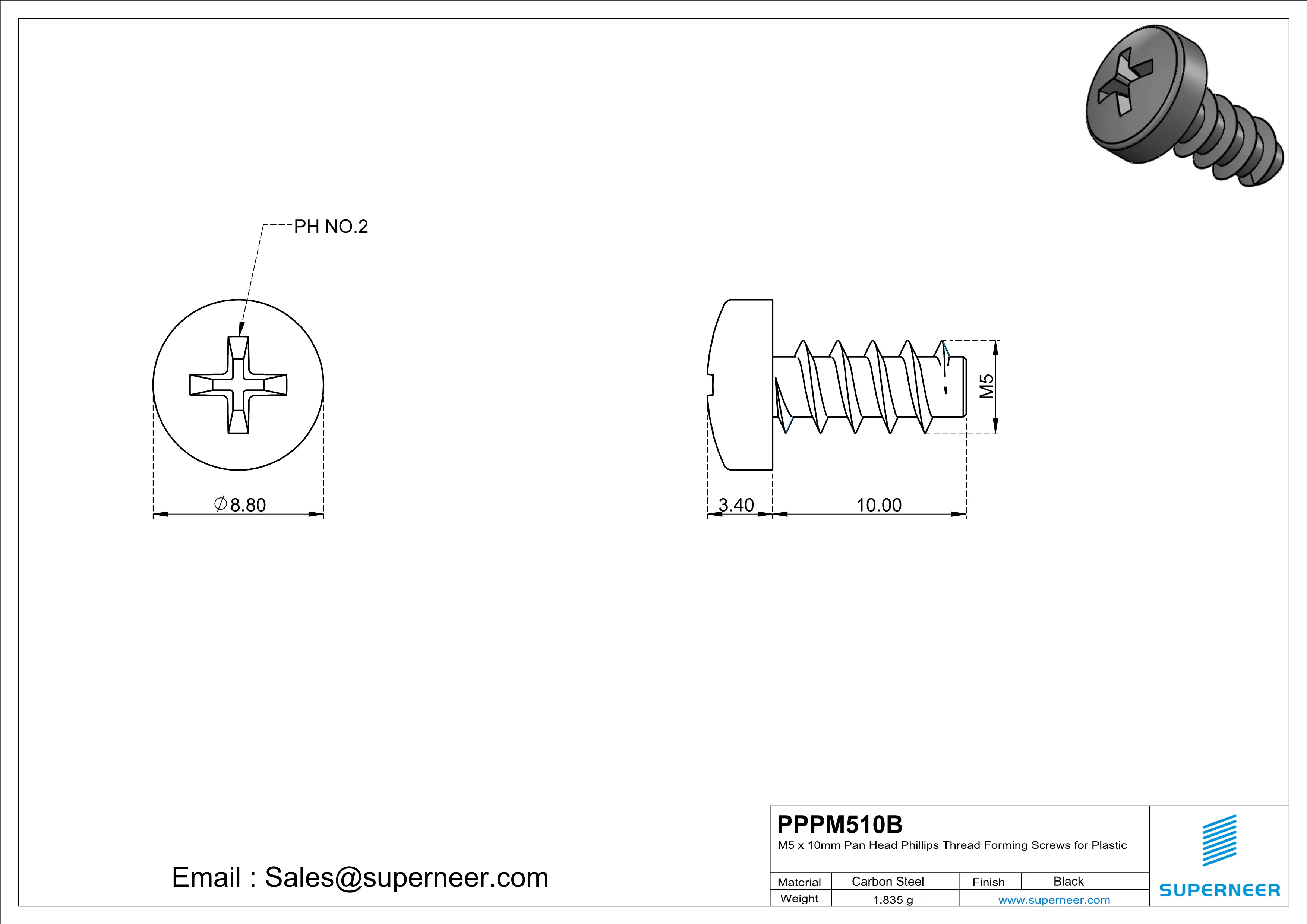 M5 &times; 10mm  Pan Head Phillips Thread Foming Screws for Plastic   Steel Black