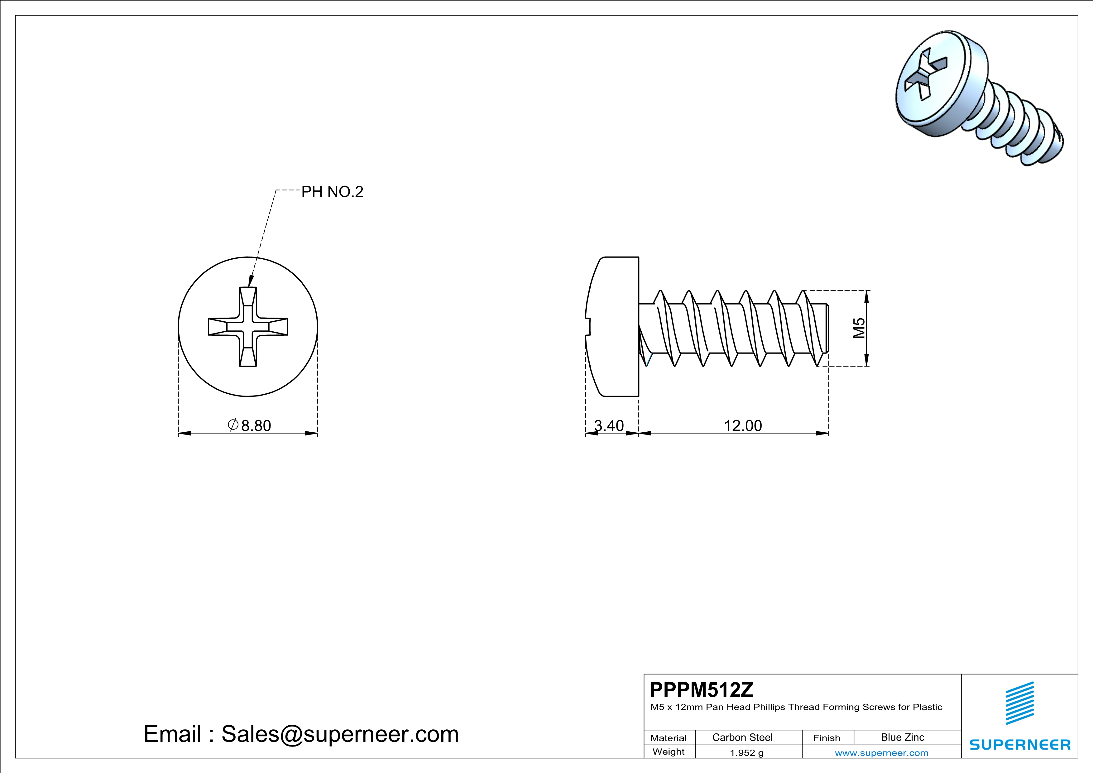 M5 &times; 12mm  Pan Head Phillips Thread Foming Screws for Plastic   Steel Blue Zinc Plated
