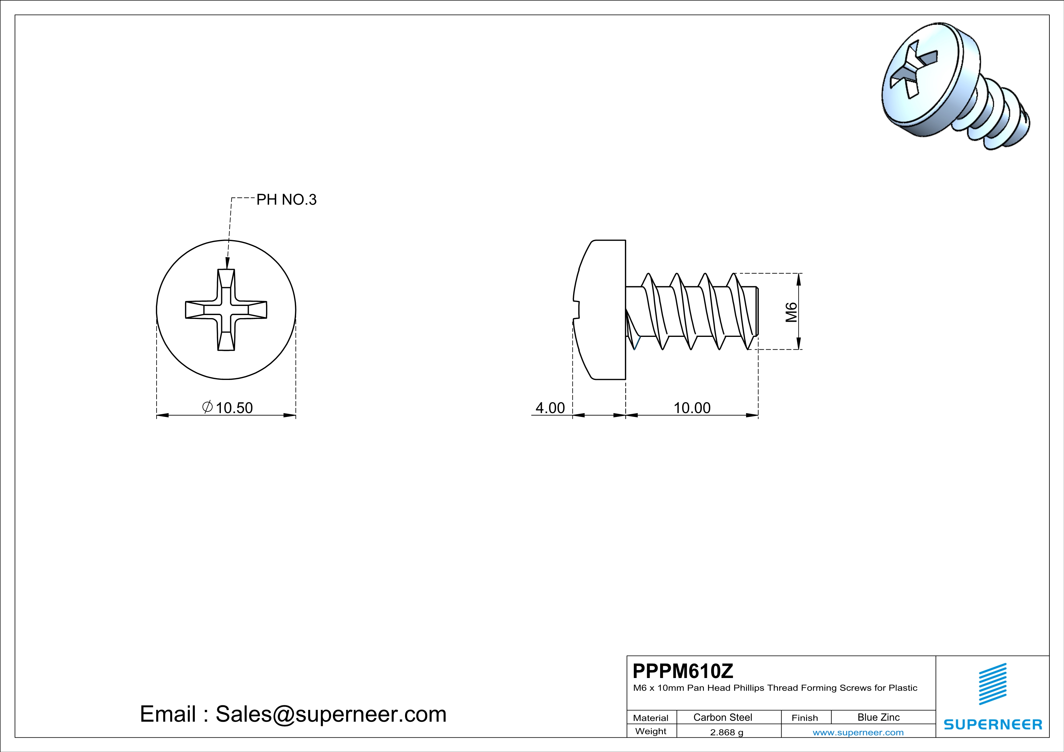 M6 &times; 10mm  Pan Head Phillips Thread Foming Screws for Plastic   Steel Blue Zinc Plated