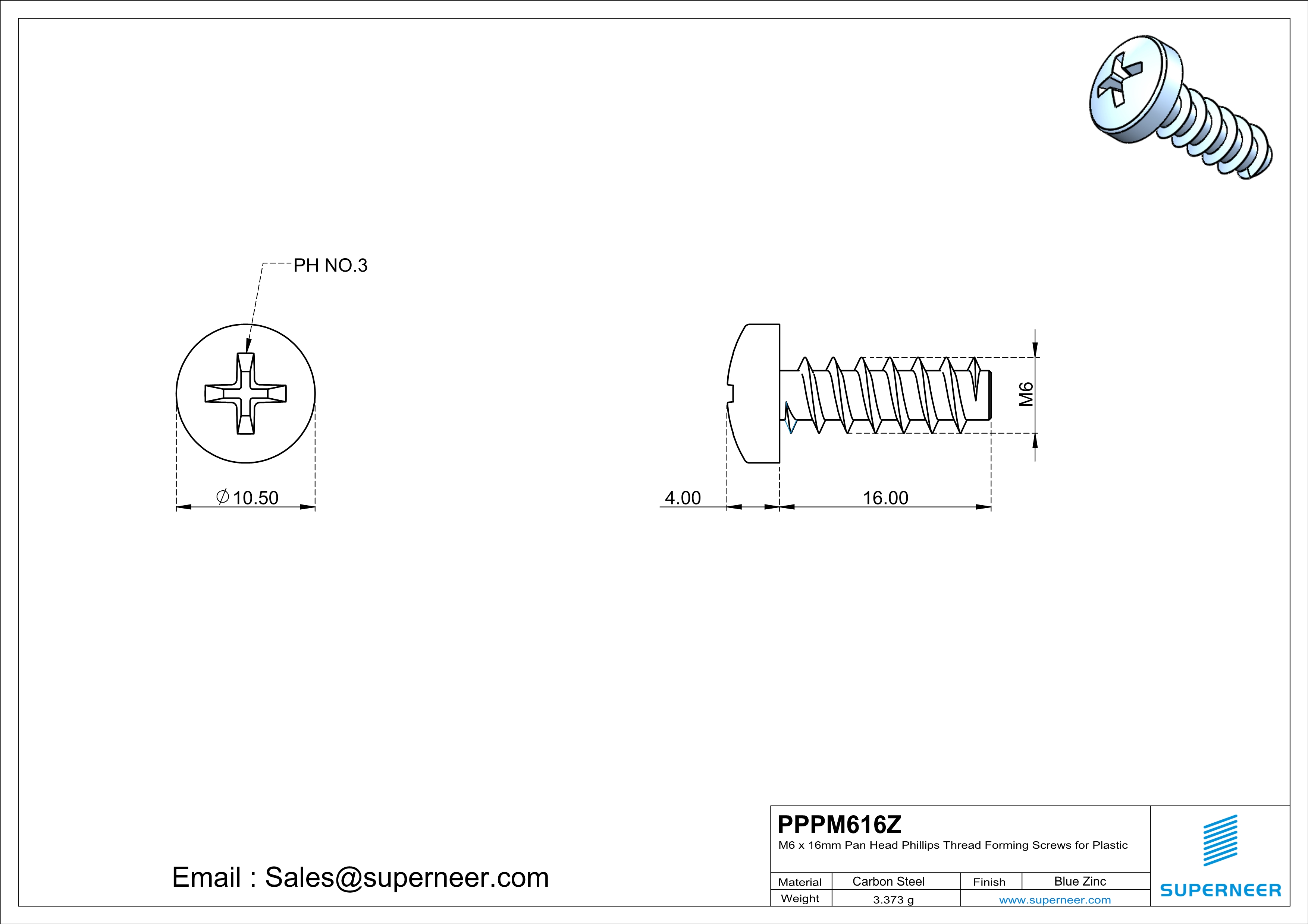 M6 &times; 16mm  Pan Head Phillips Thread Foming Screws for Plastic   Steel Blue Zinc Plated