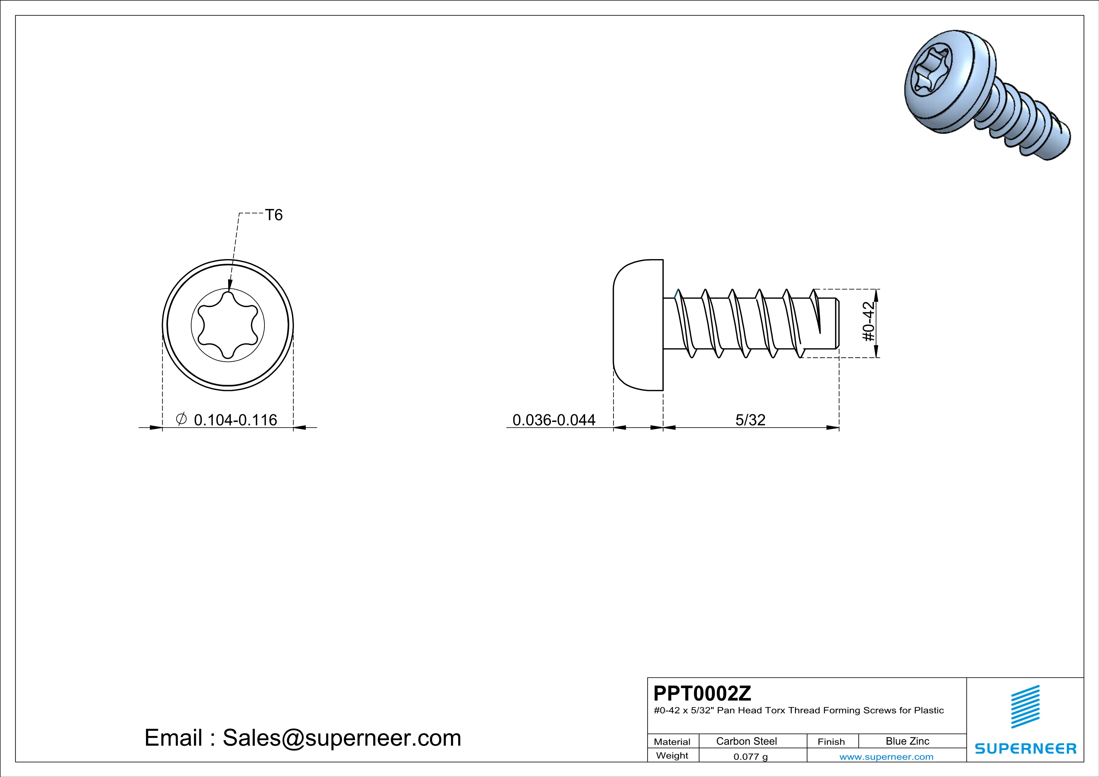 0 &times; 5/32" Pan Head Torx Thread Forming inch Screws for Plastic  Steel Blue Zinc Plated