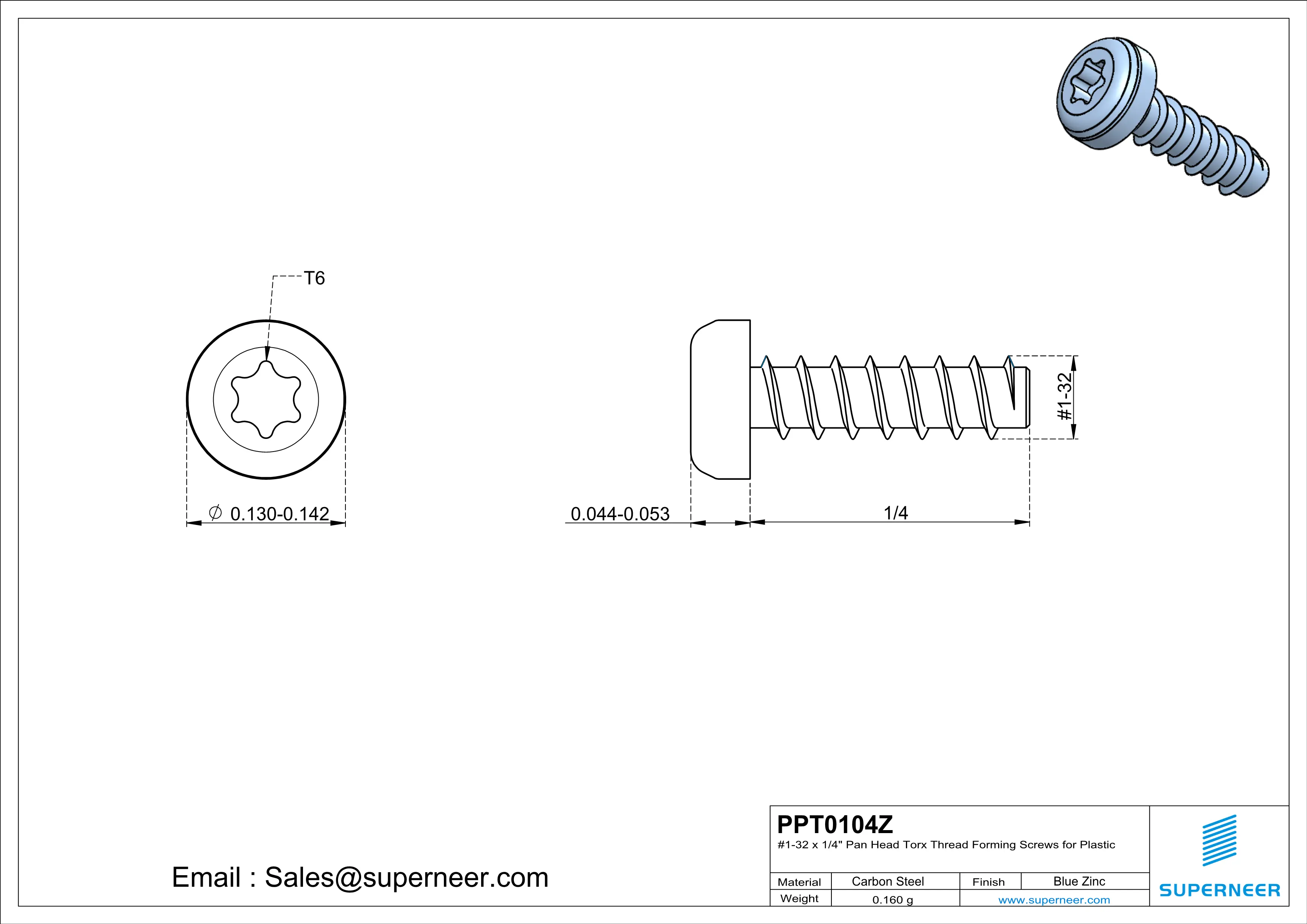 1 &times; 1/4" Pan Head Torx Thread Forming inch Screws for Plastic  Steel Blue Zinc Plated