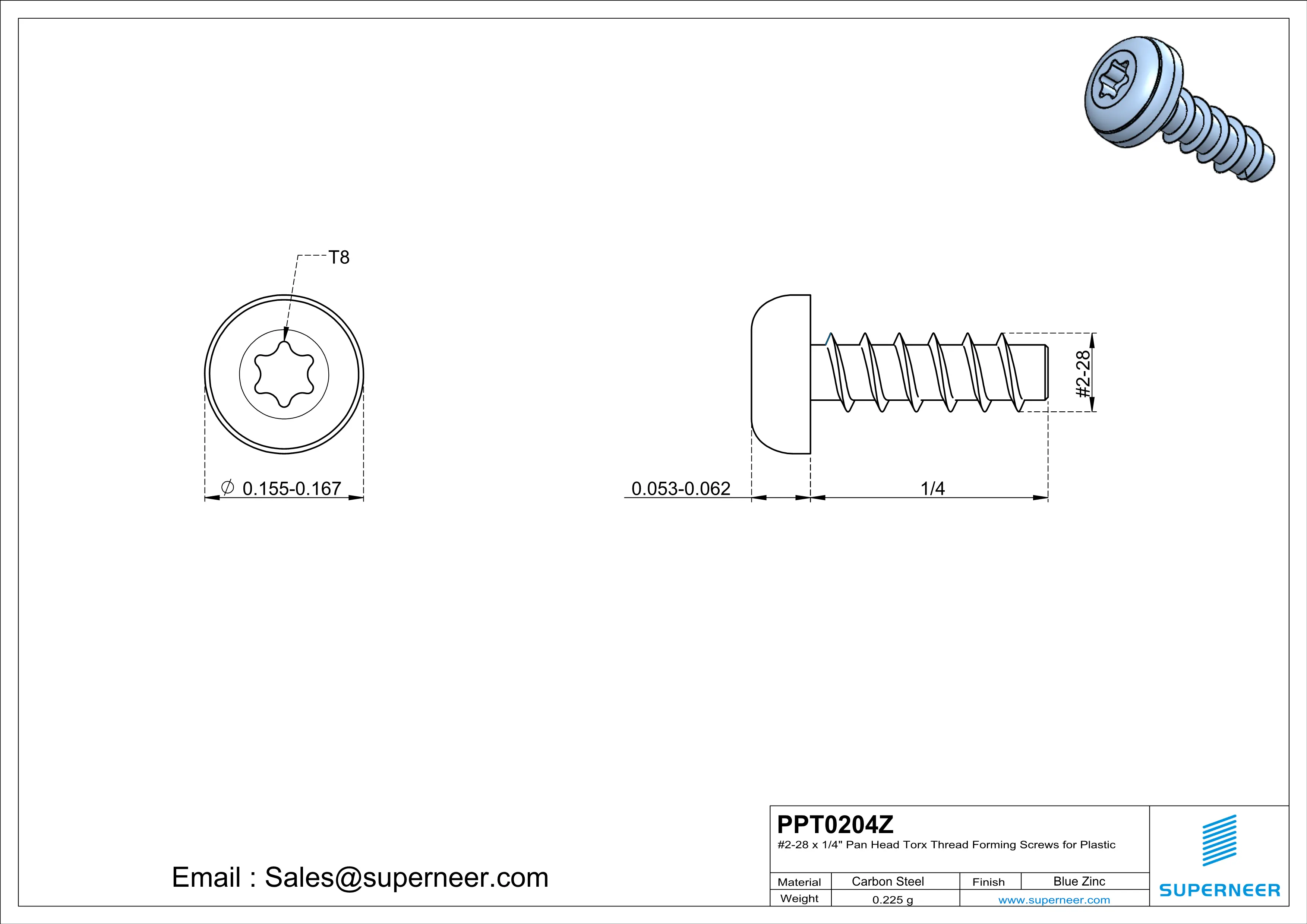2 &times; 1/4" Pan Head Torx Thread Forming inch Screws for Plastic  Steel Blue Zinc Plated