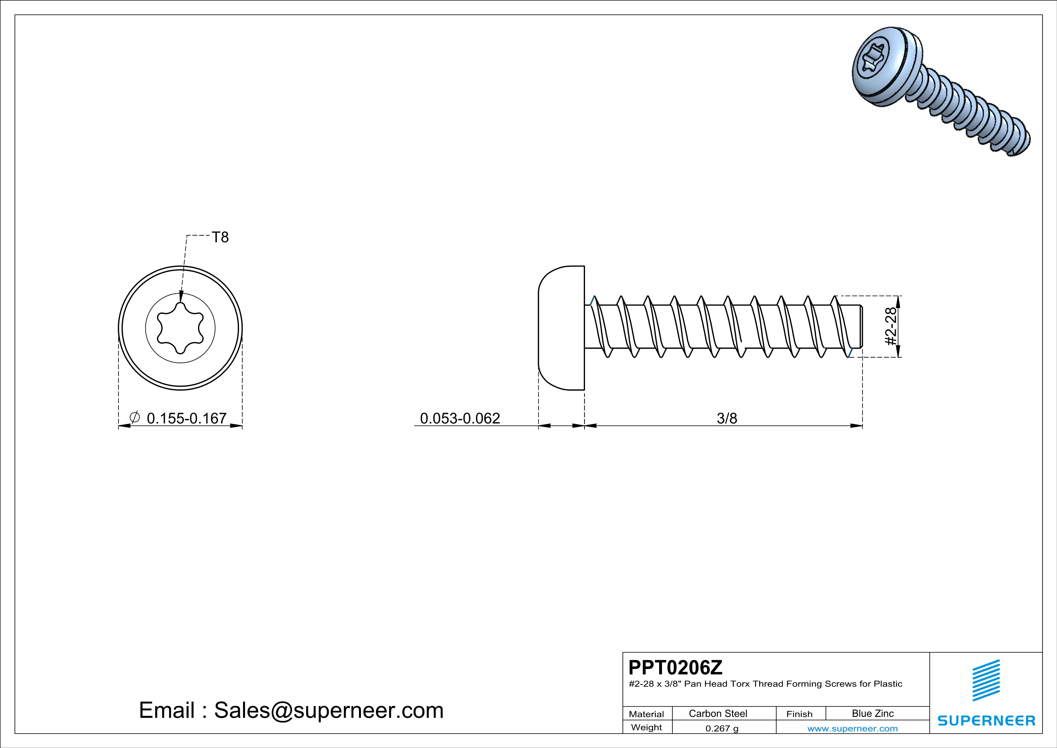 2 &times; 3/8" Pan Head Torx Thread Forming inch Screws for Plastic  Steel Blue Zinc Plated
