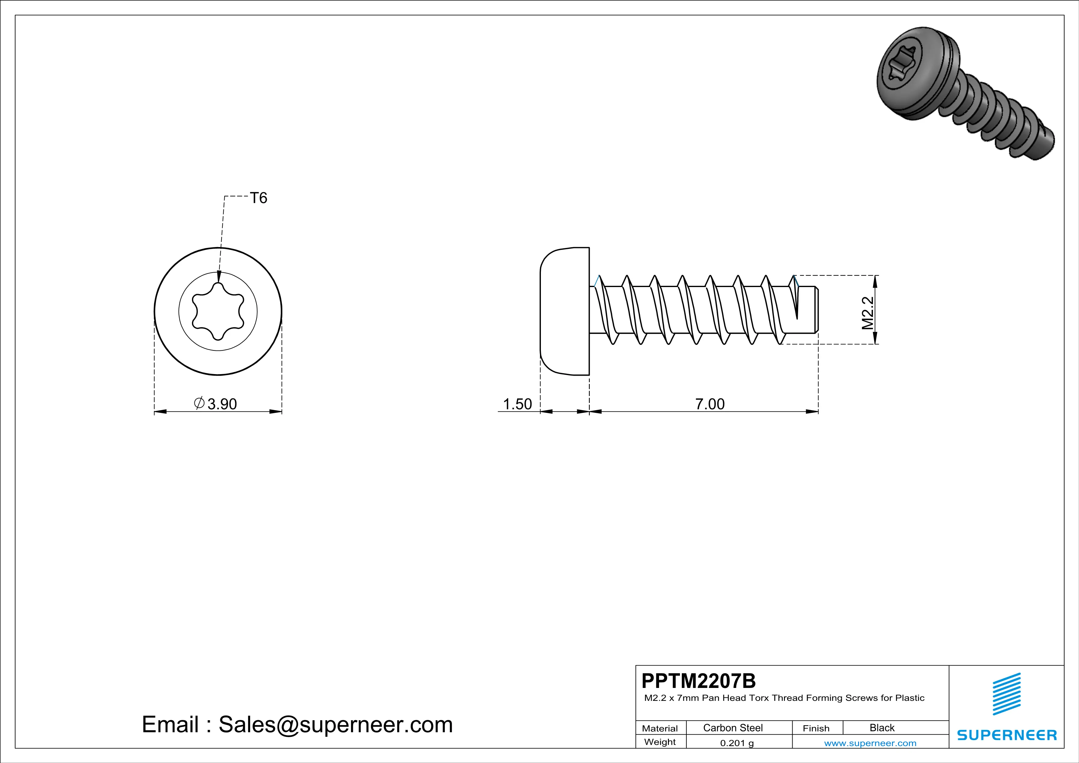 M2.2 &times; 7mm  Pan Head Torx Thread Foming Screws for Plastic   Steel Black
