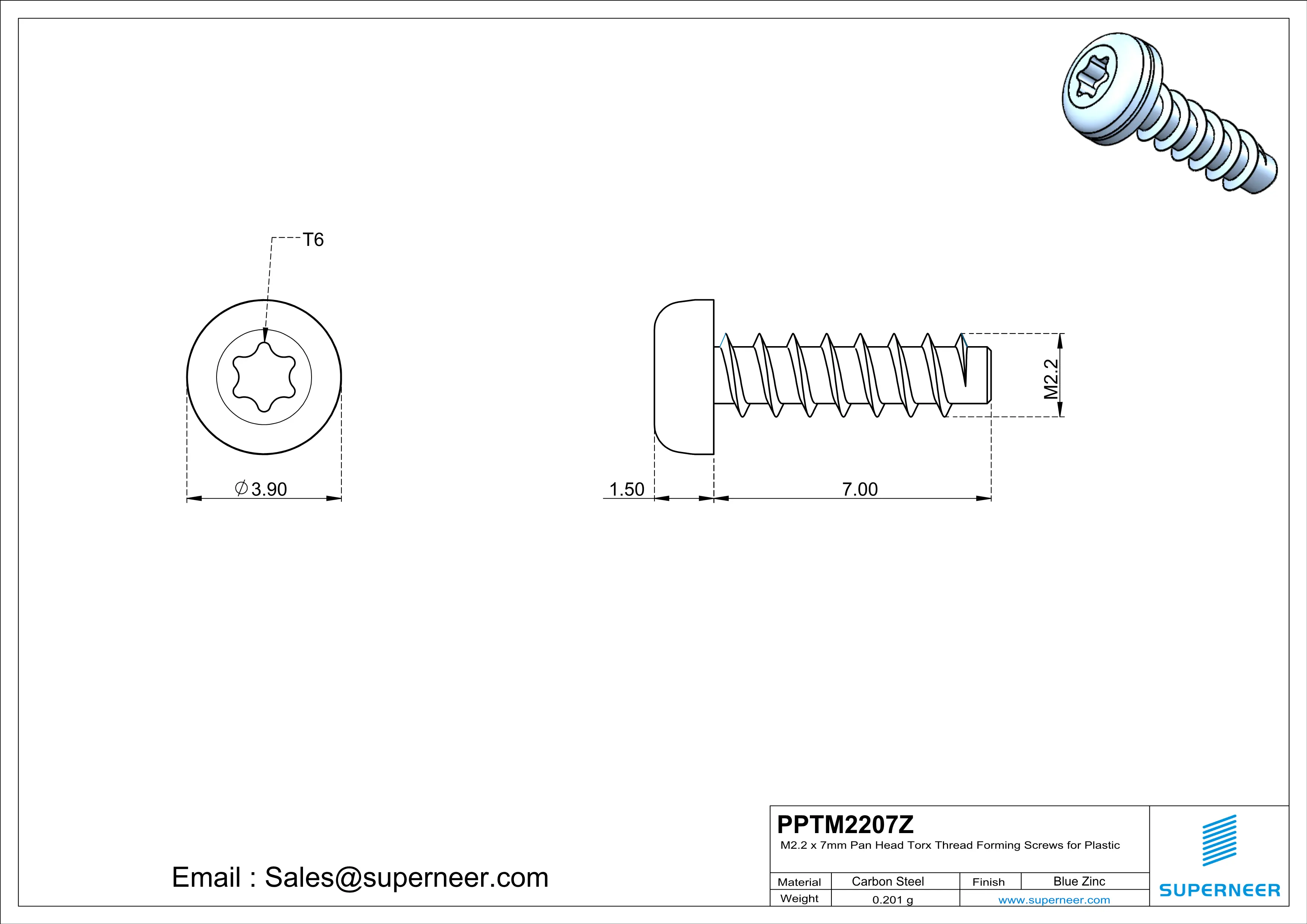 M2.2 &times; 7mm  Pan Head Torx Thread Foming Screws for Plastic   Steel Blue Zinc Plated