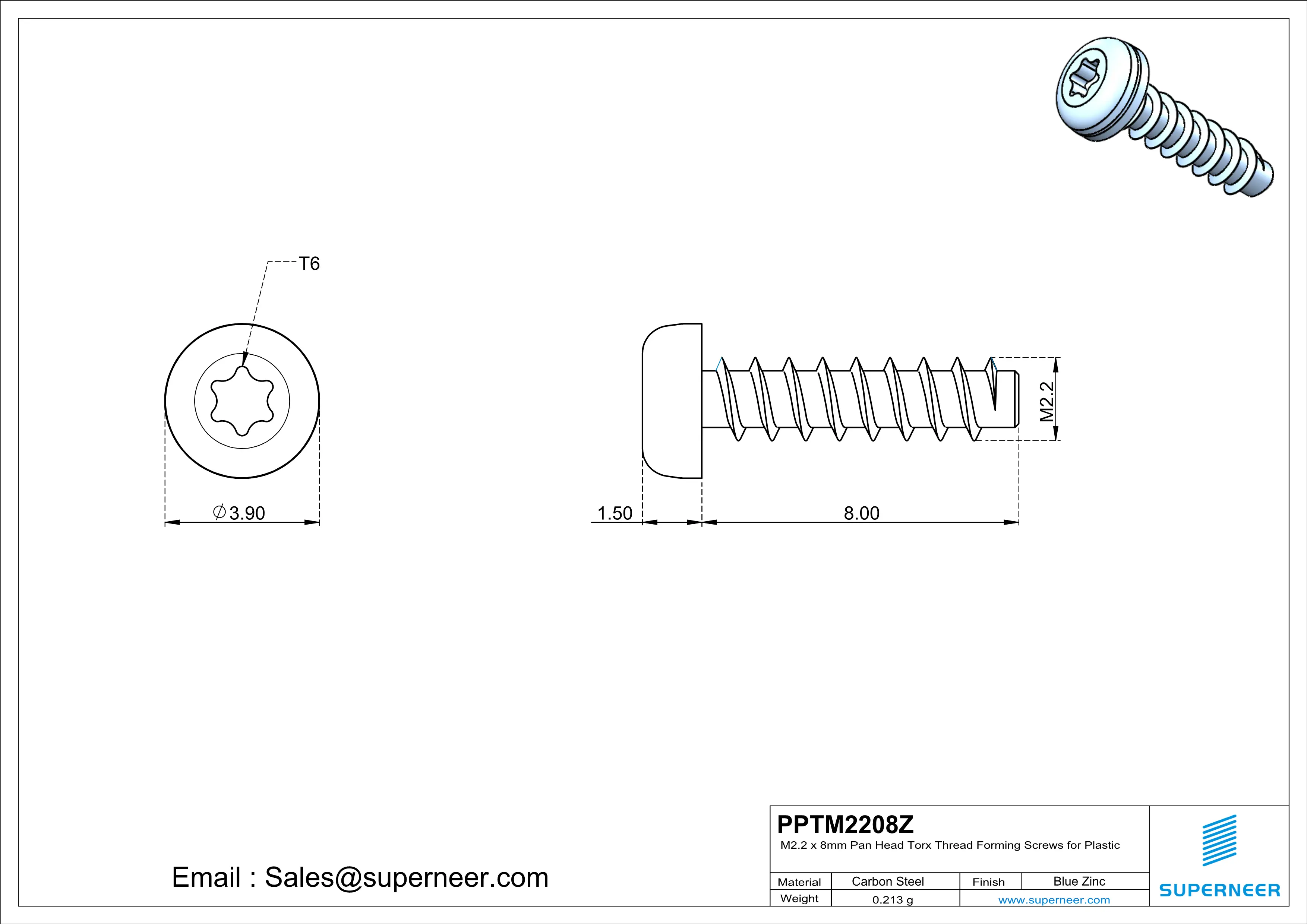 M2.2 &times; 8mm  Pan Head Torx Thread Foming Screws for Plastic   Steel Blue Zinc Plated