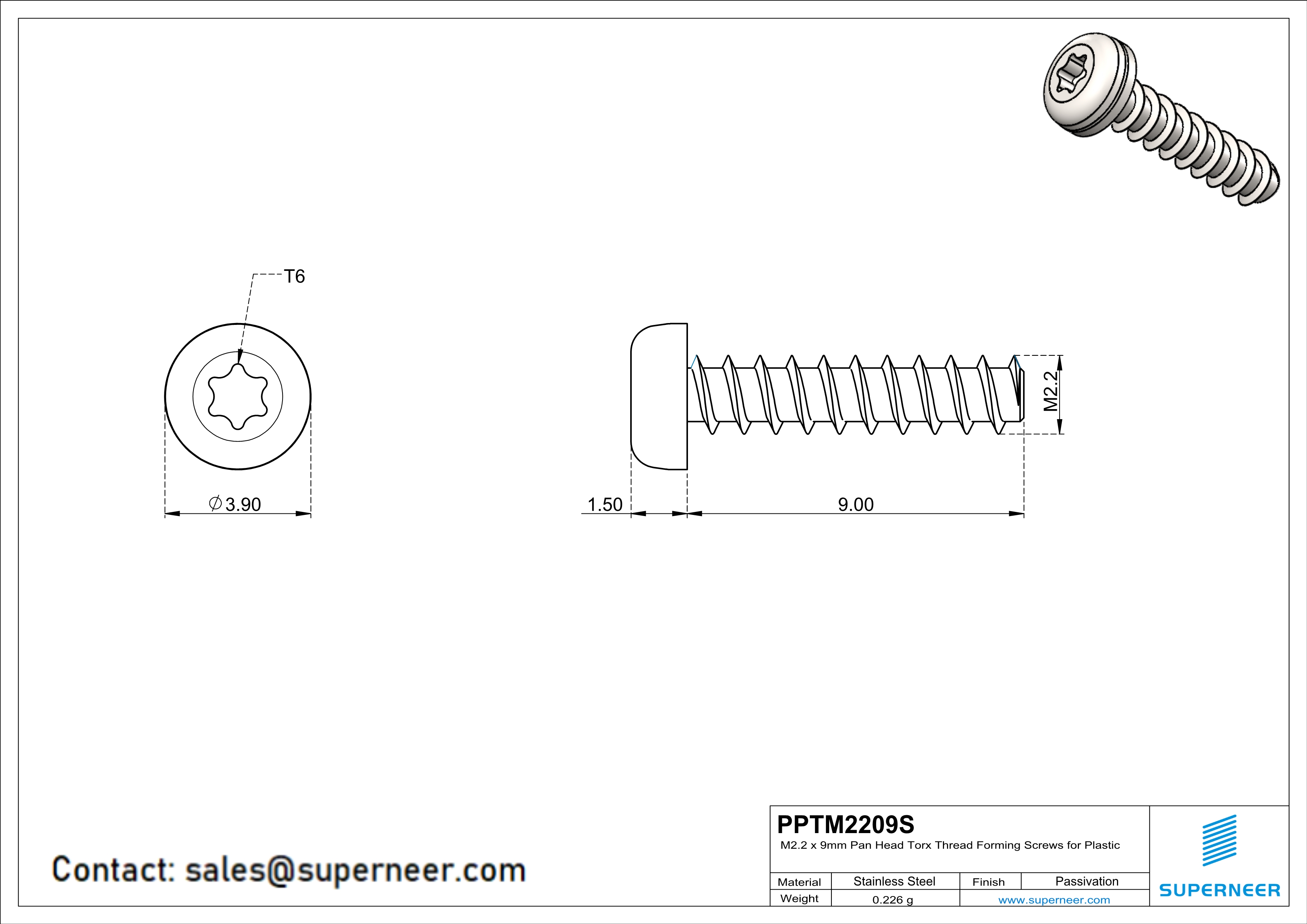 M2.2 &times; 9mm  Pan Head Torx Thread Foming Screws for Plastic SUS304 Stainless Steel Inox