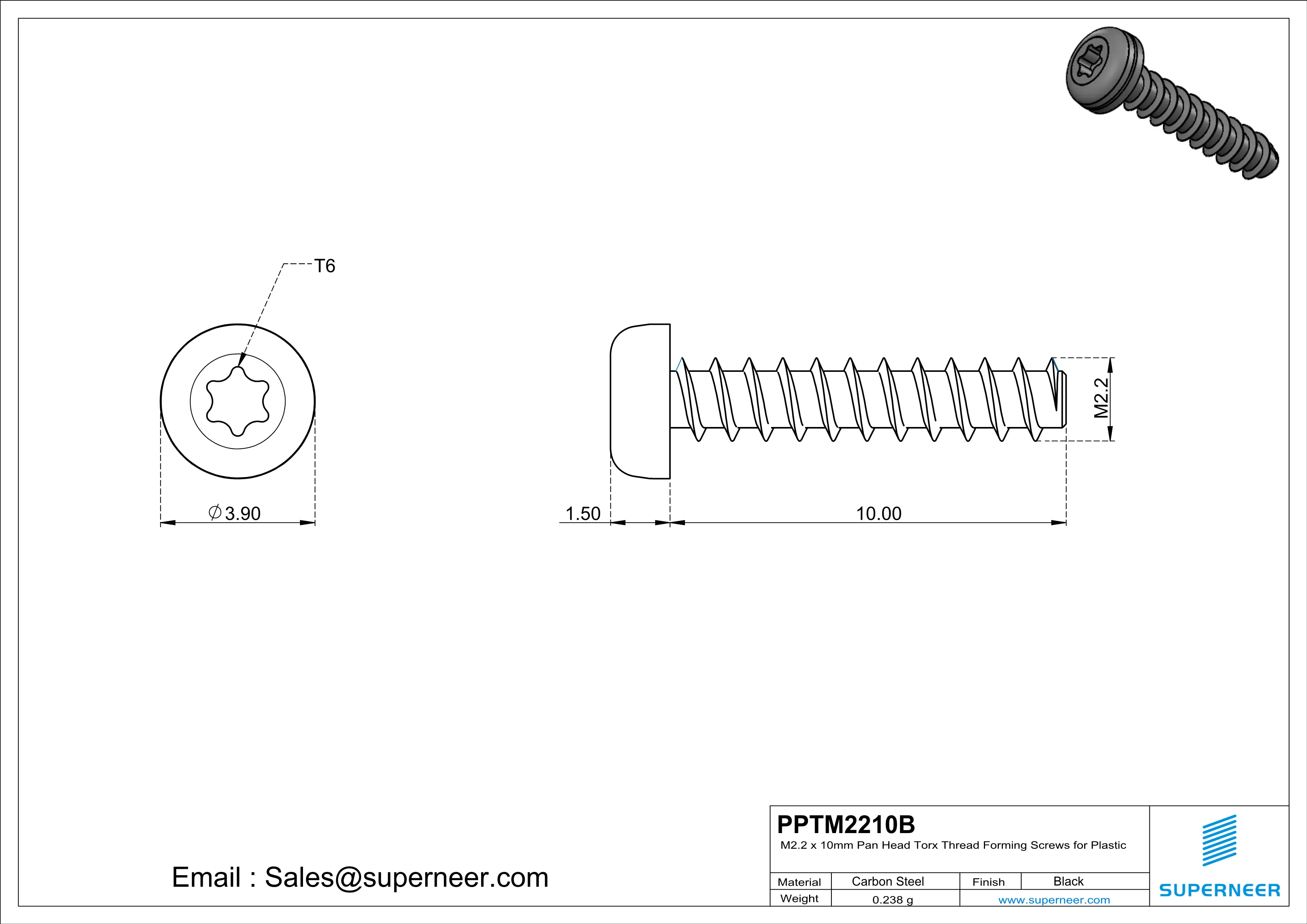 M2.2 &times; 10mm  Pan Head Torx Thread Foming Screws for Plastic   Steel Black