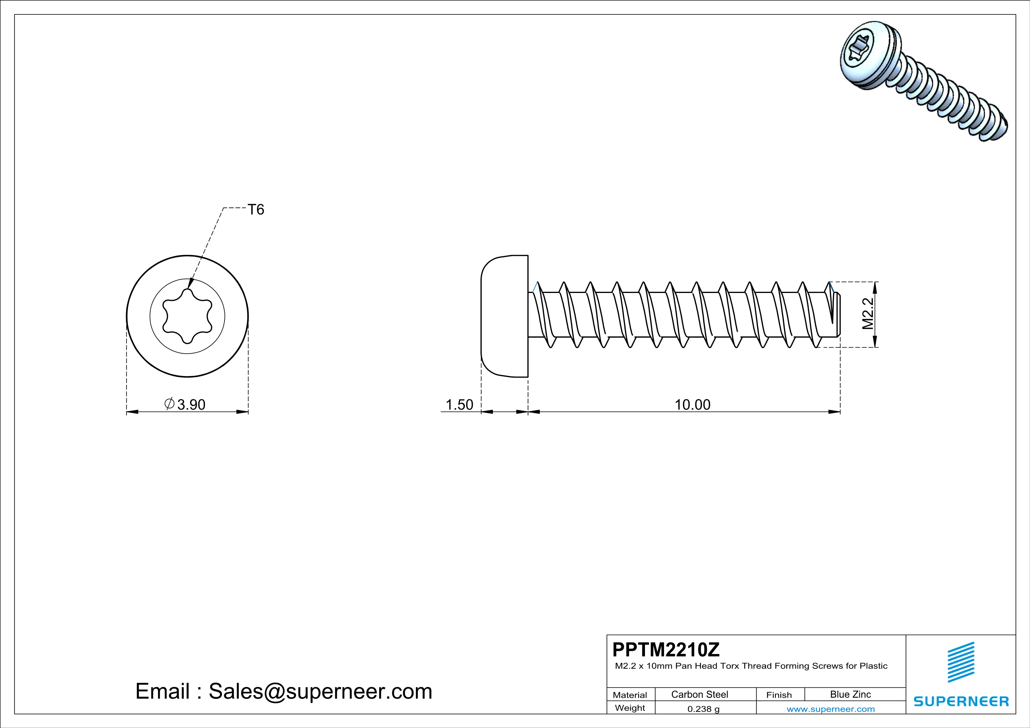 M2.2 &times; 10mm  Pan Head Torx Thread Foming Screws for Plastic   Steel Blue Zinc Plated