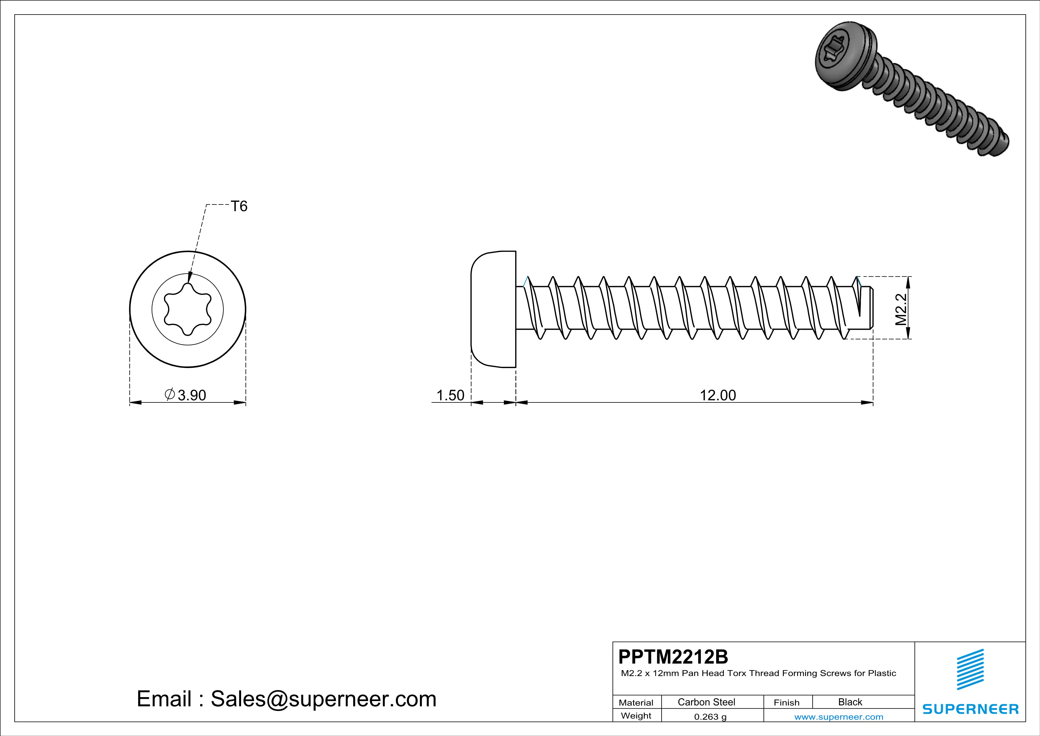 M2.2 &times; 12mm  Pan Head Torx Thread Foming Screws for Plastic   Steel Black