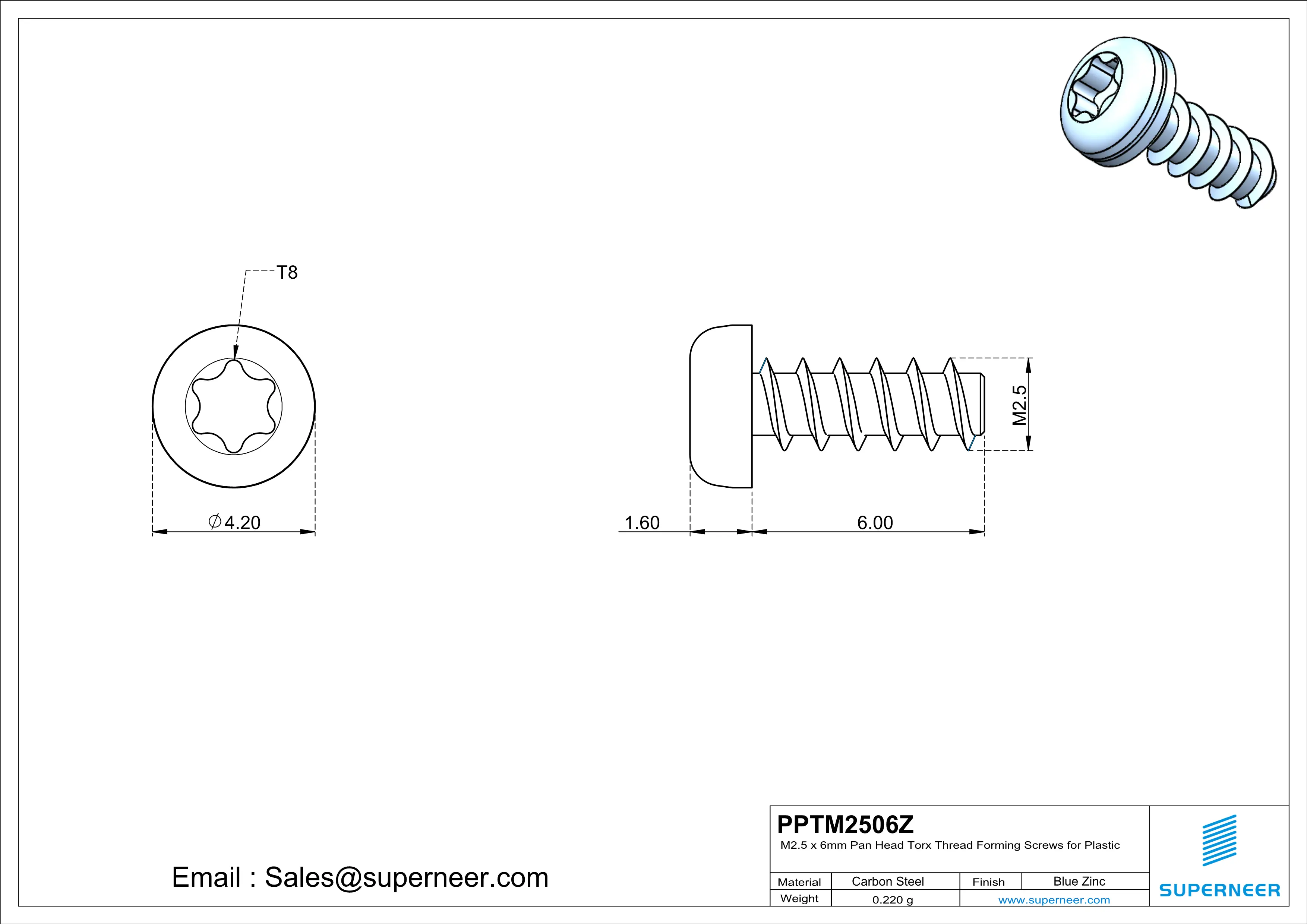 M2.5 &times; 6mm  Pan Head Torx Thread Foming Screws for Plastic   Steel Blue Zinc Plated