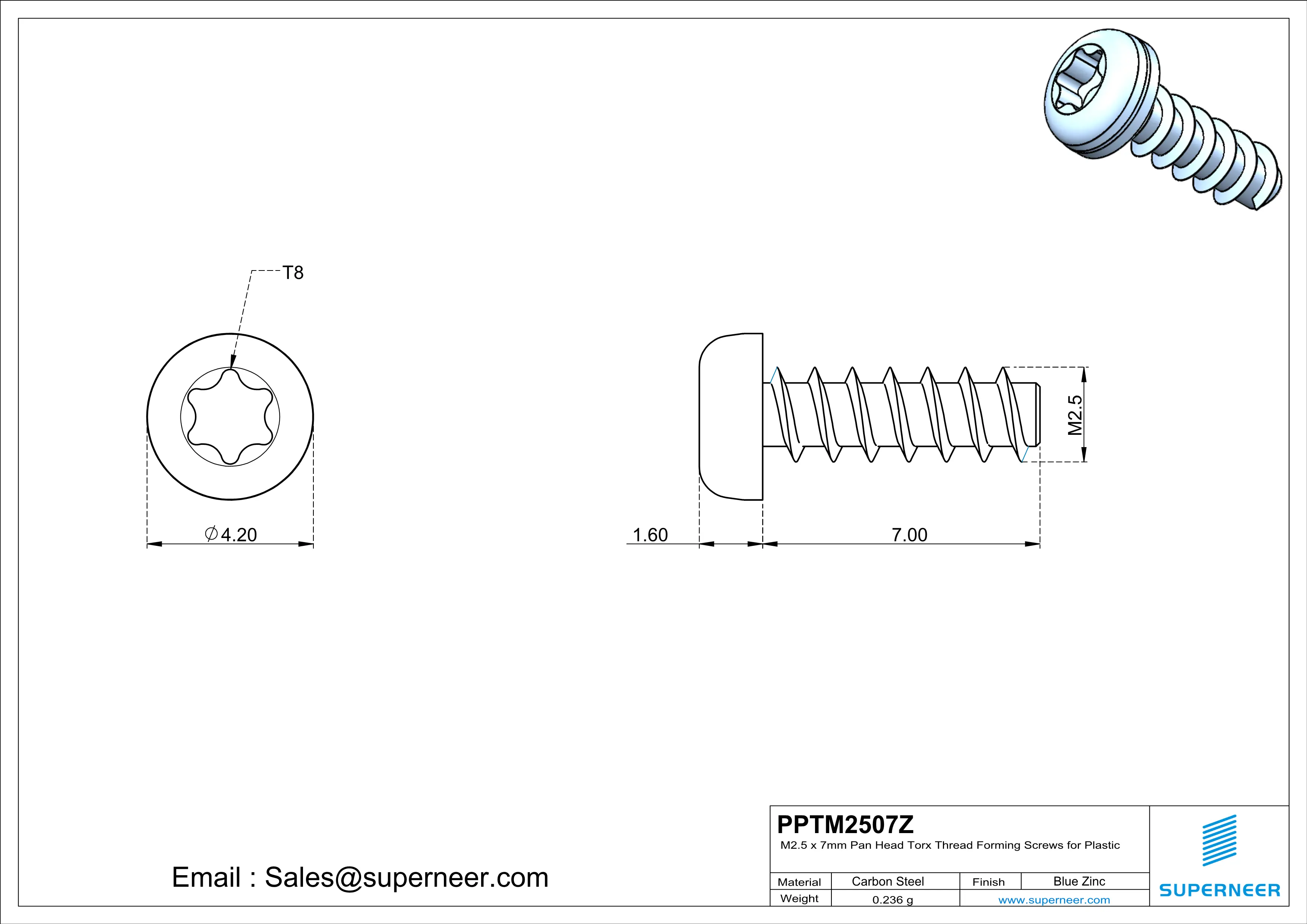 M2.5 &times; 7mm  Pan Head Torx Thread Foming Screws for Plastic   Steel Blue Zinc Plated