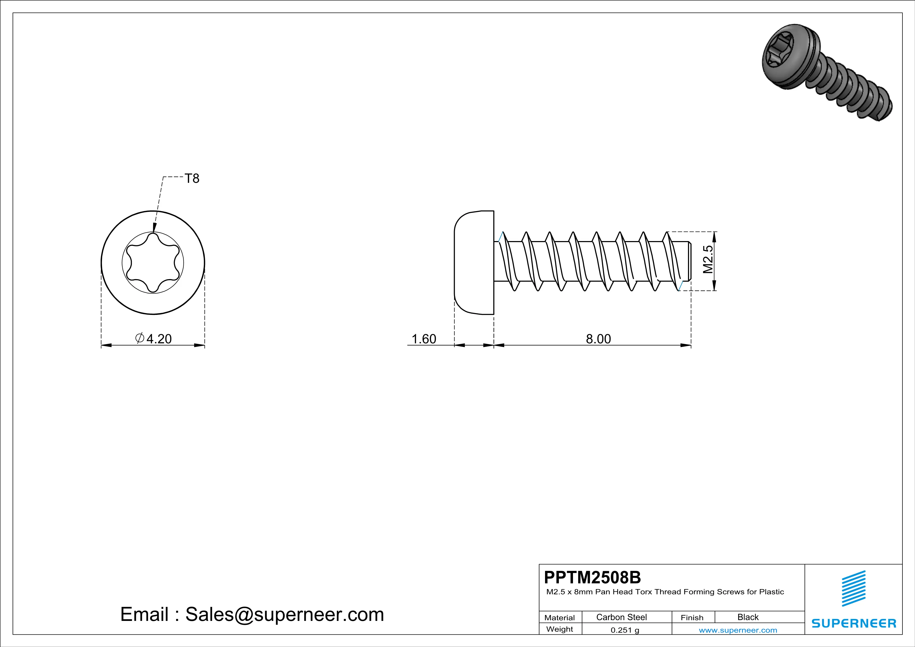 M2.5 &times; 8mm  Pan Head Torx Thread Foming Screws for Plastic   Steel Black