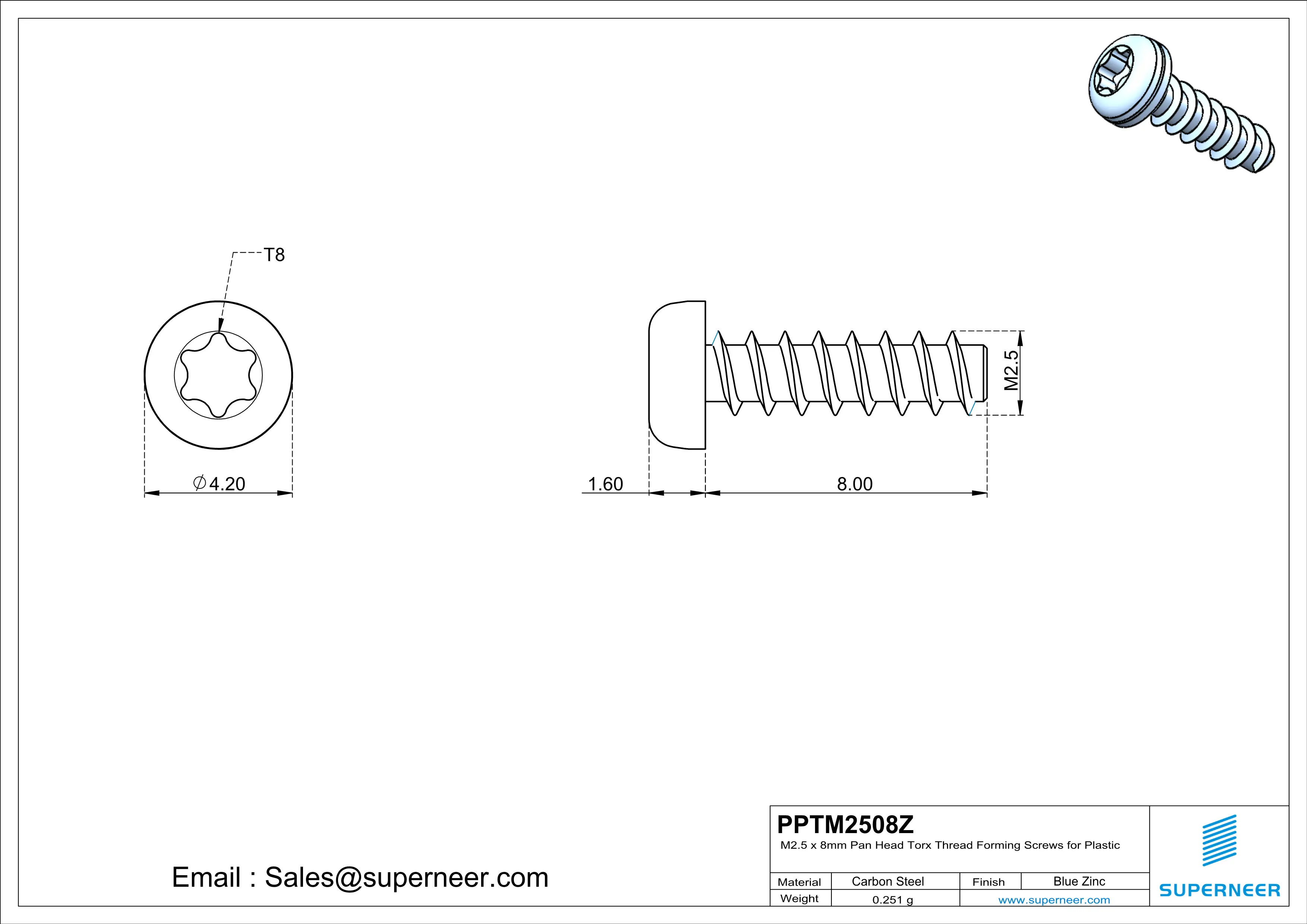 M2.5 &times; 8mm  Pan Head Torx Thread Foming Screws for Plastic   Steel Blue Zinc Plated