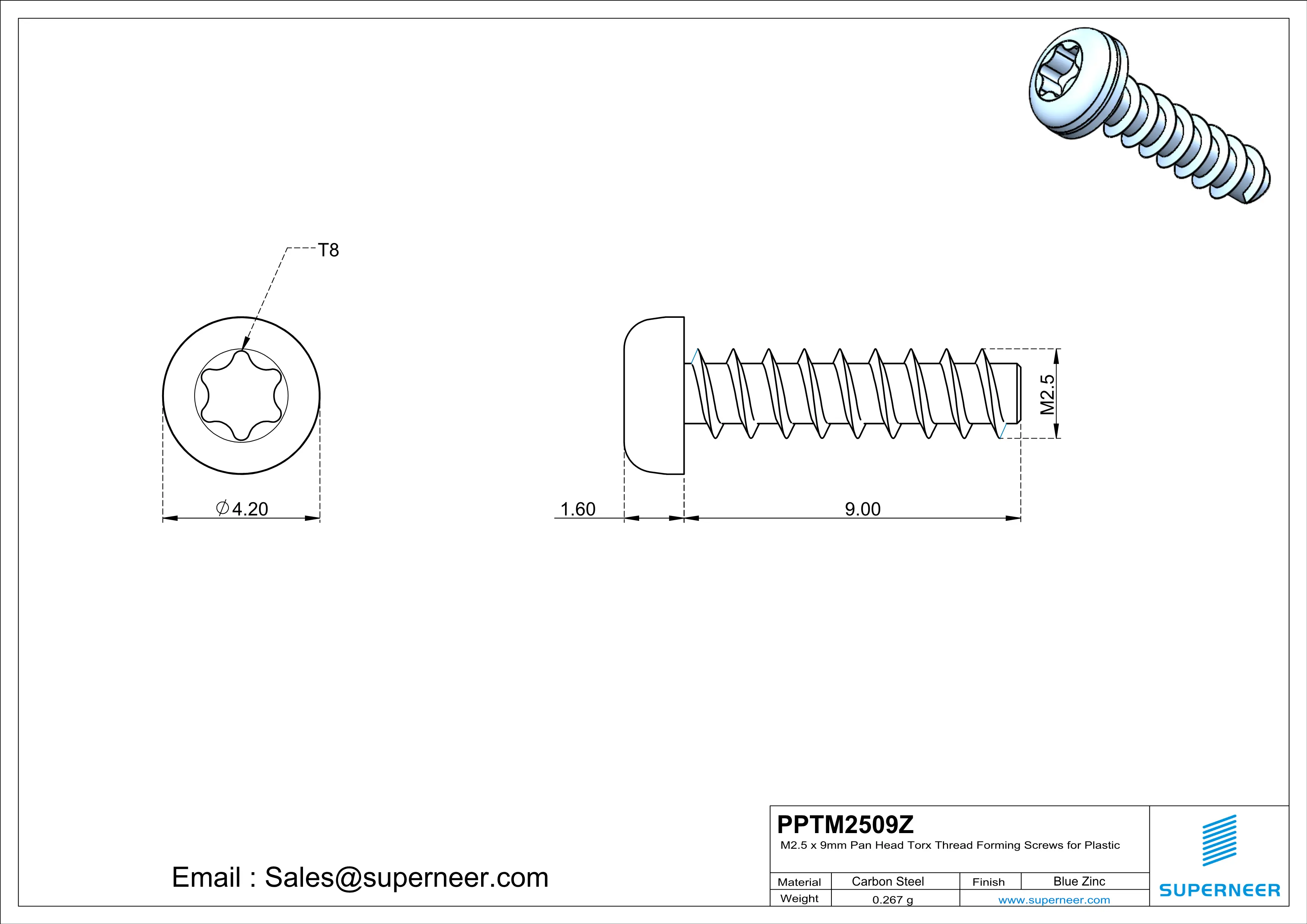 M2.5 &times; 9mm  Pan Head Torx Thread Foming Screws for Plastic   Steel Blue Zinc Plated