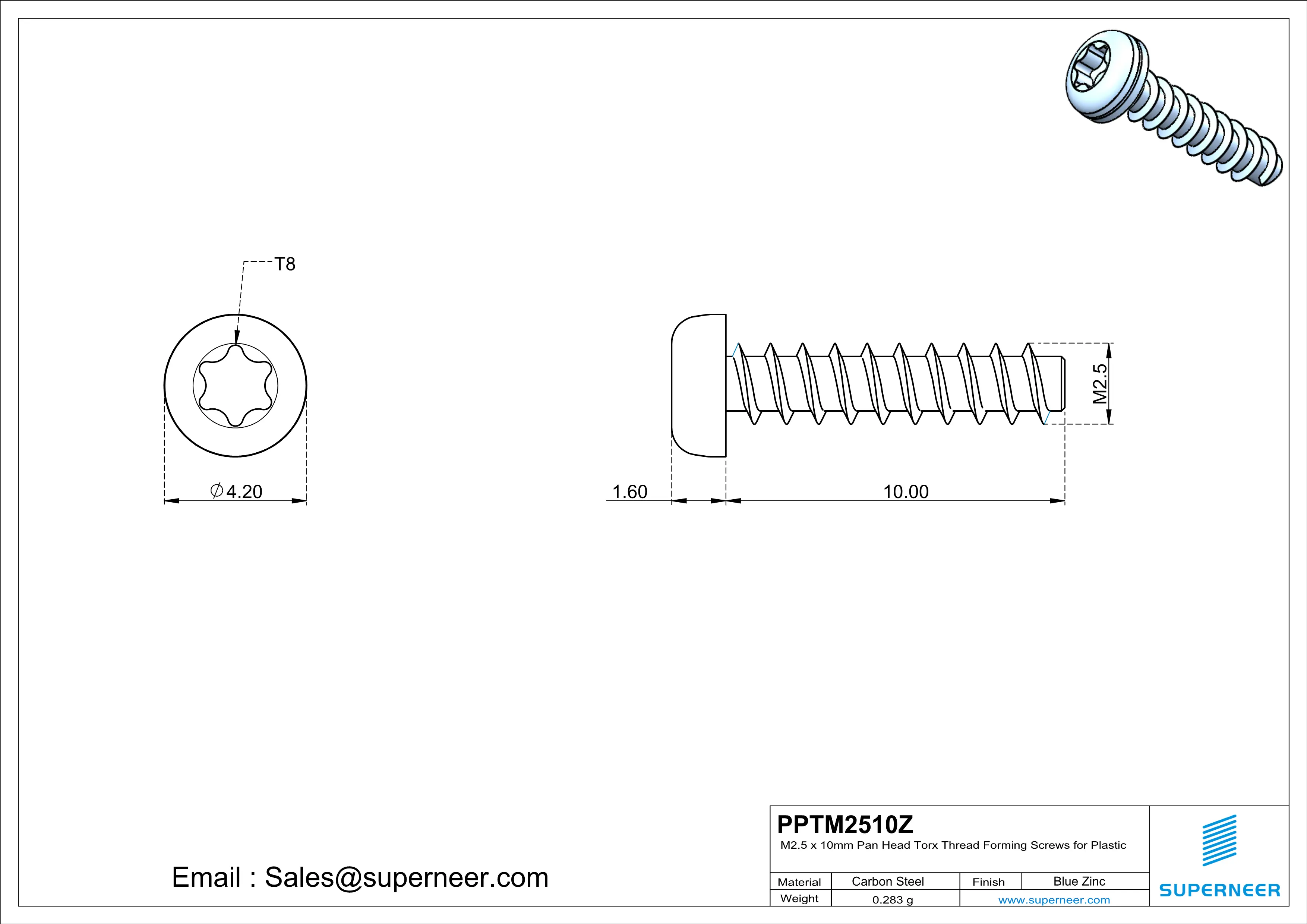 M2.5 &times; 10mm  Pan Head Torx Thread Foming Screws for Plastic   Steel Blue Zinc Plated