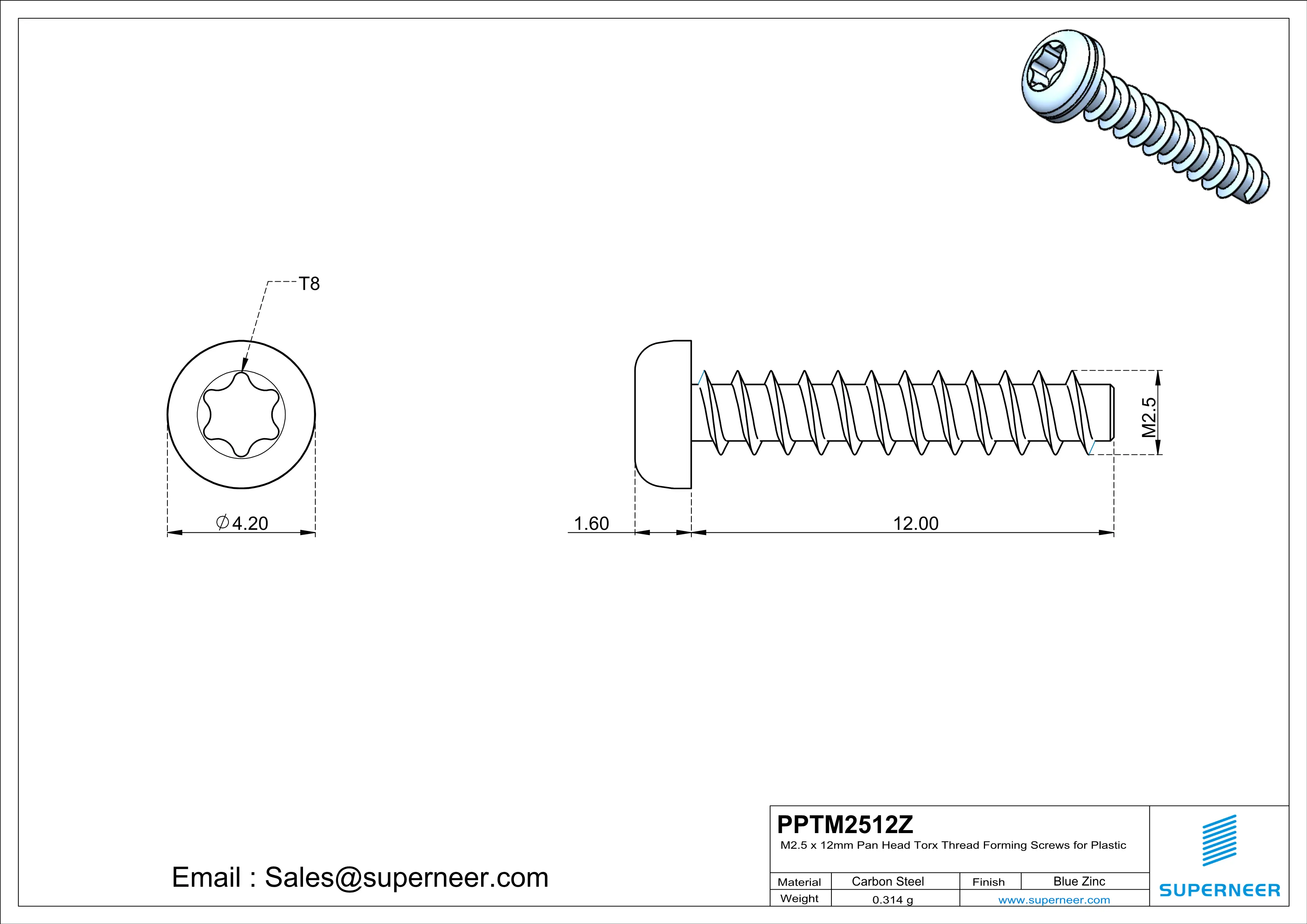 M2.5 &times; 12mm  Pan Head Torx Thread Foming Screws for Plastic   Steel Blue Zinc Plated