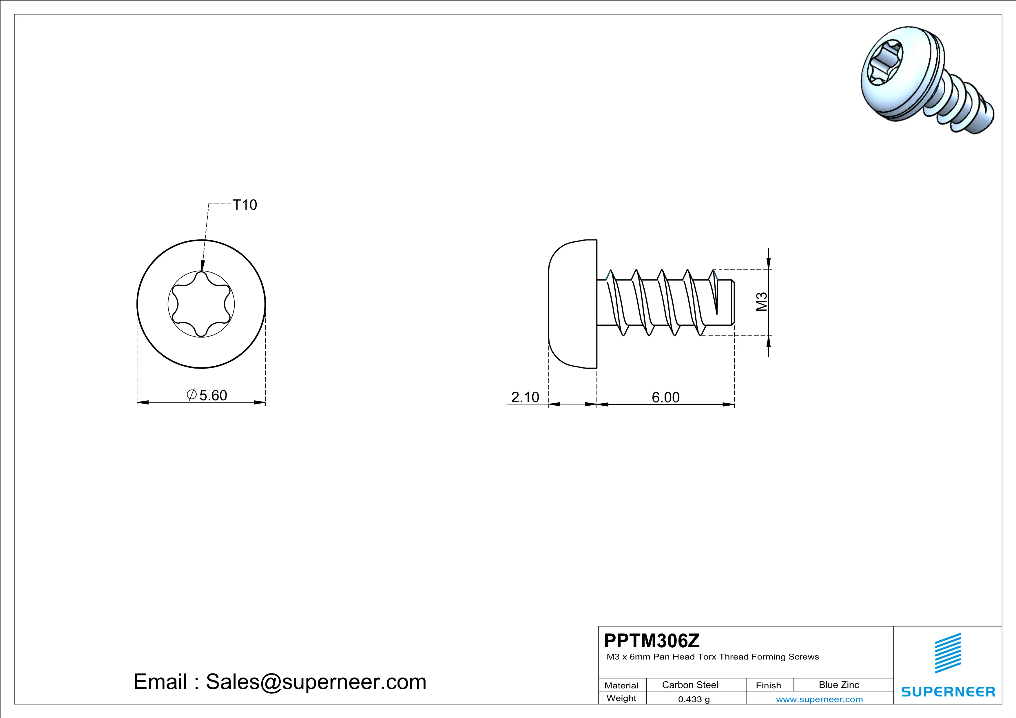 M3 &times; 6mm  Pan Head Torx Thread Foming Screws for Plastic   Steel Blue Zinc Plated