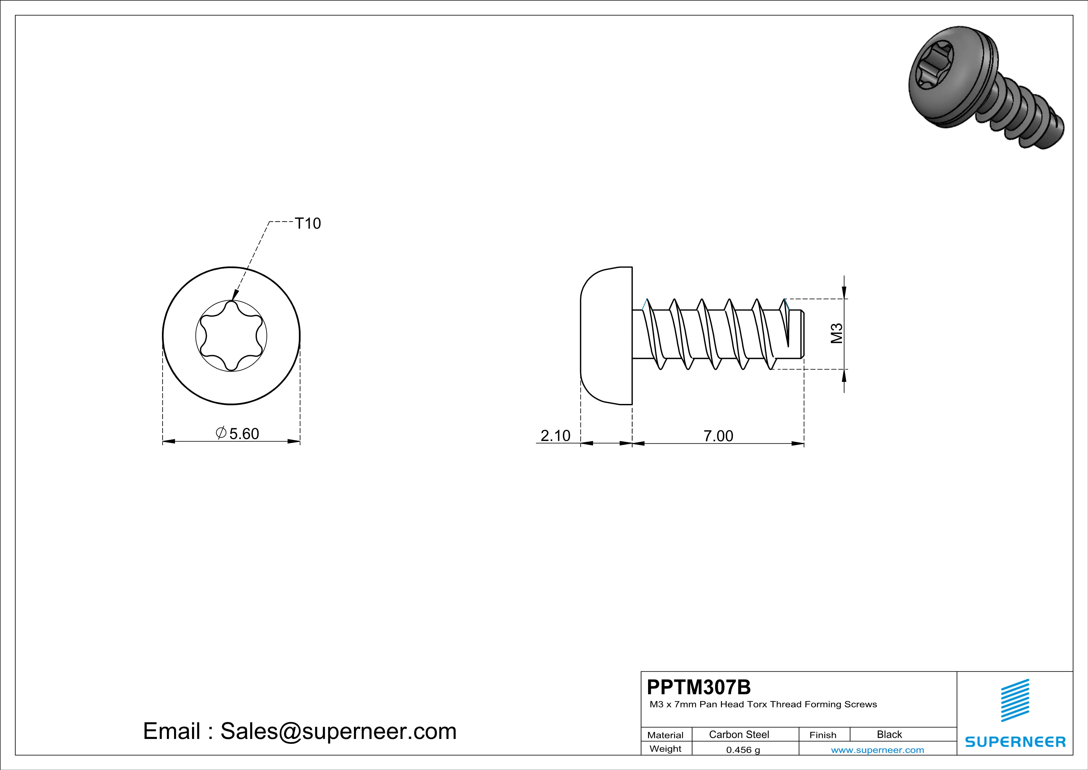 M3 &times; 7mm  Pan Head Torx Thread Foming Screws for Plastic   Steel Black