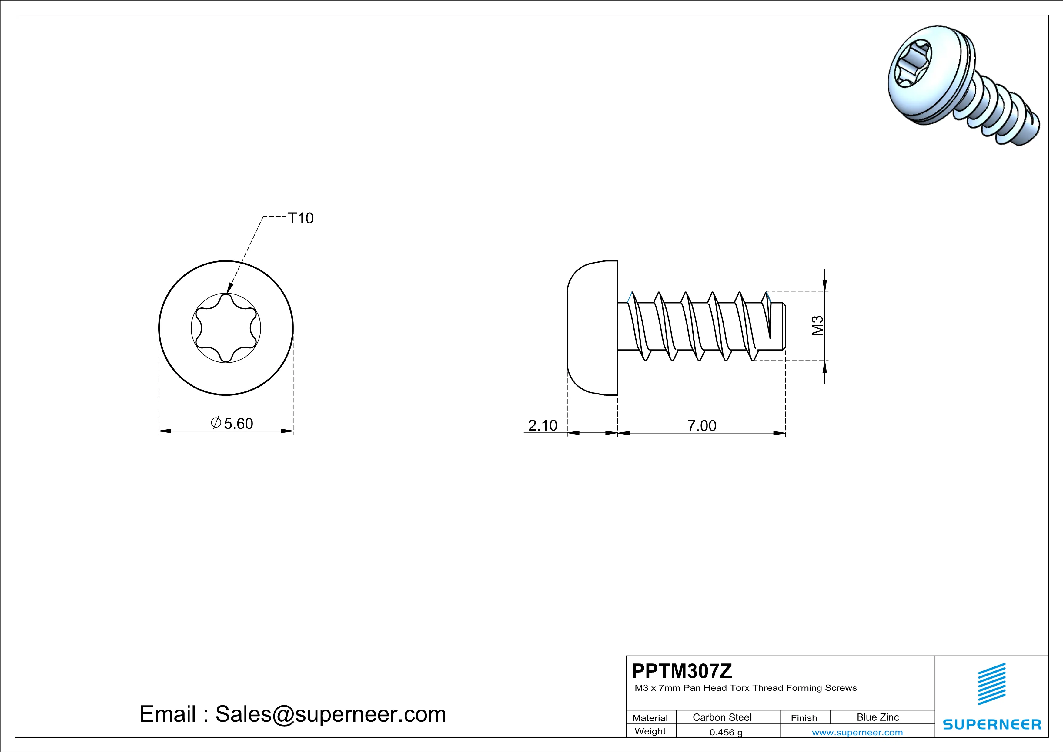 M3 &times; 7mm  Pan Head Torx Thread Foming Screws for Plastic   Steel Blue Zinc Plated