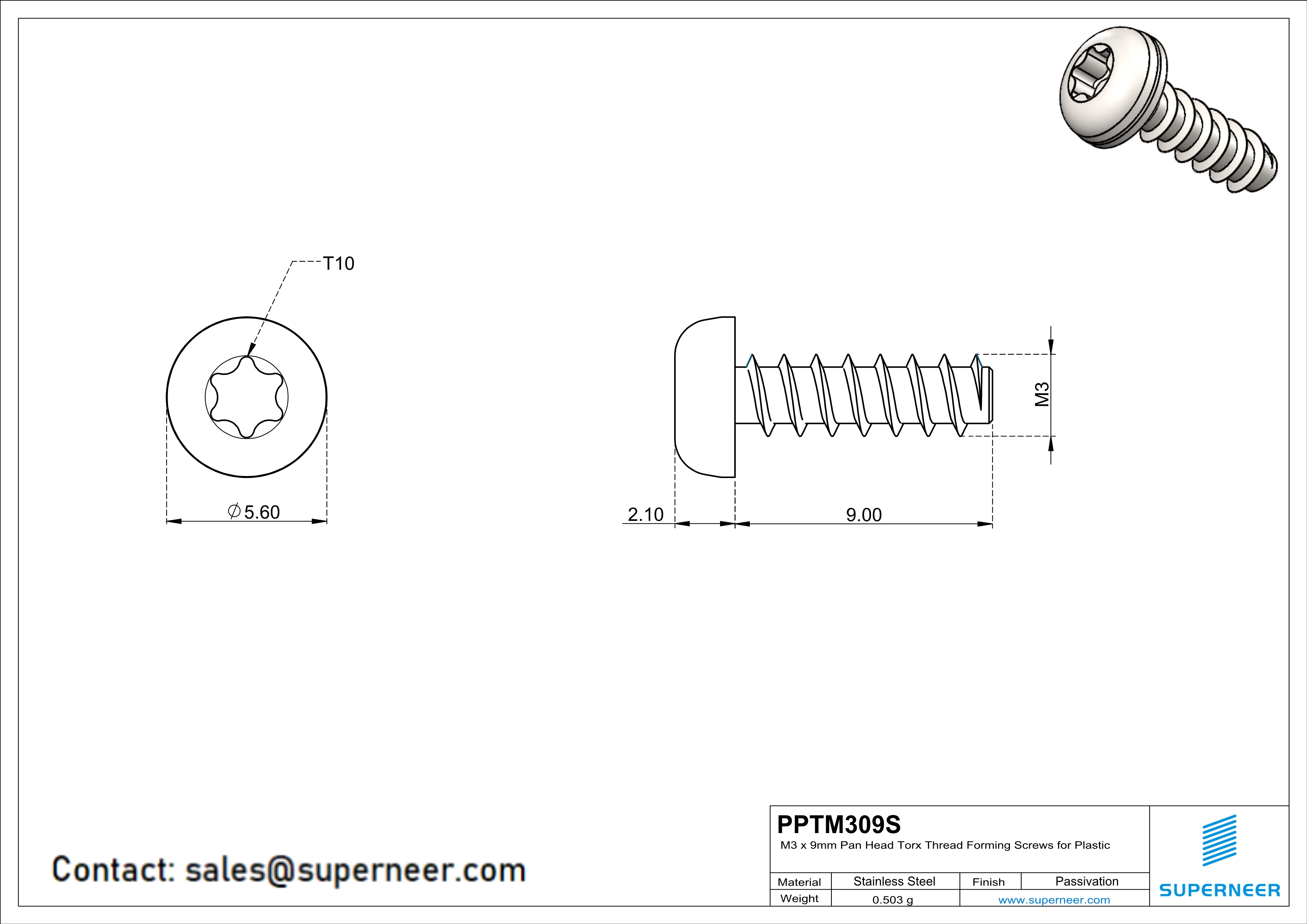 M3 &times; 9mm  Pan Head Torx Thread Foming Screws for Plastic SUS304 Stainless Steel Inox