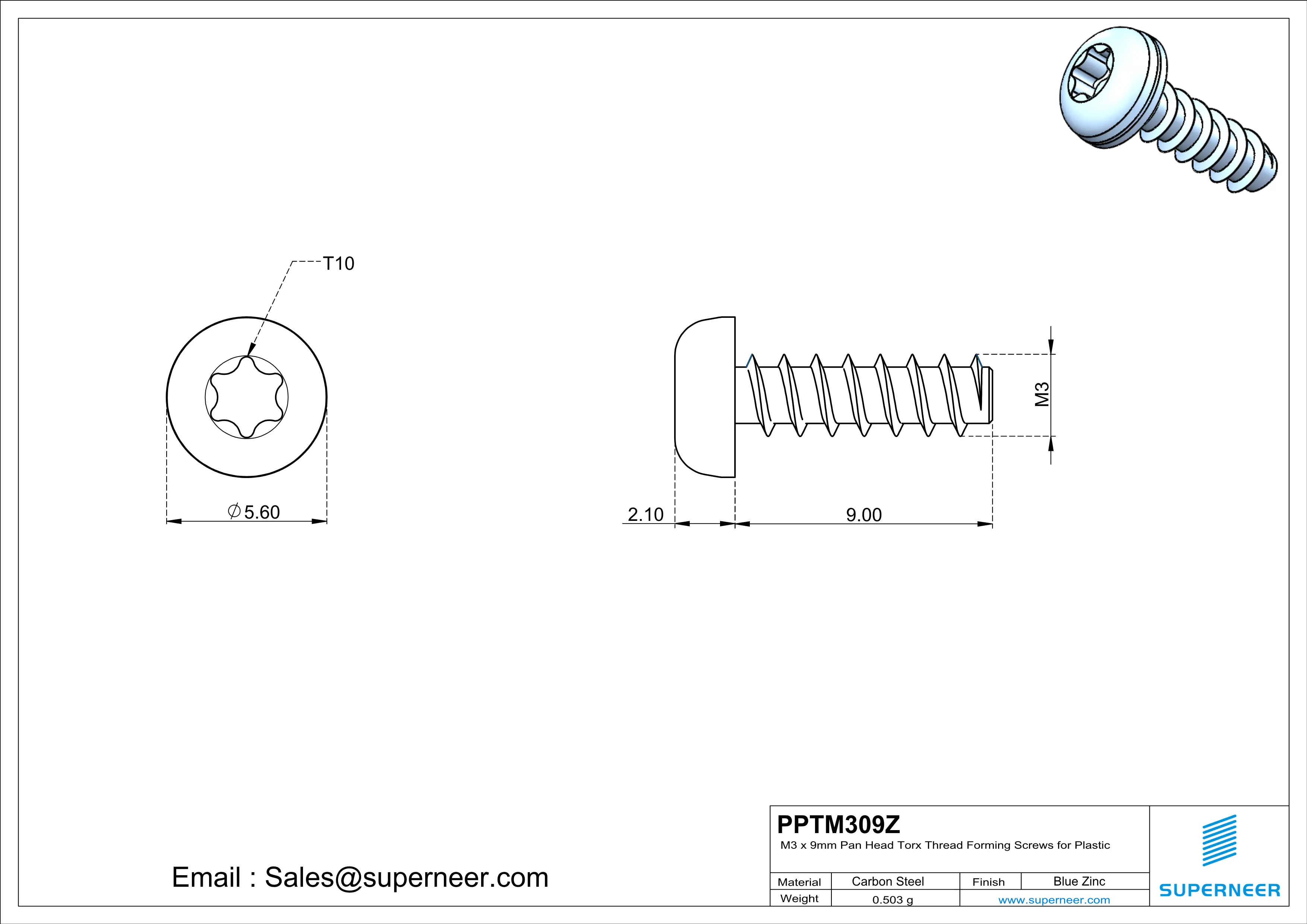 M3 &times; 9mm  Pan Head Torx Thread Foming Screws for Plastic   Steel Blue Zinc Plated
