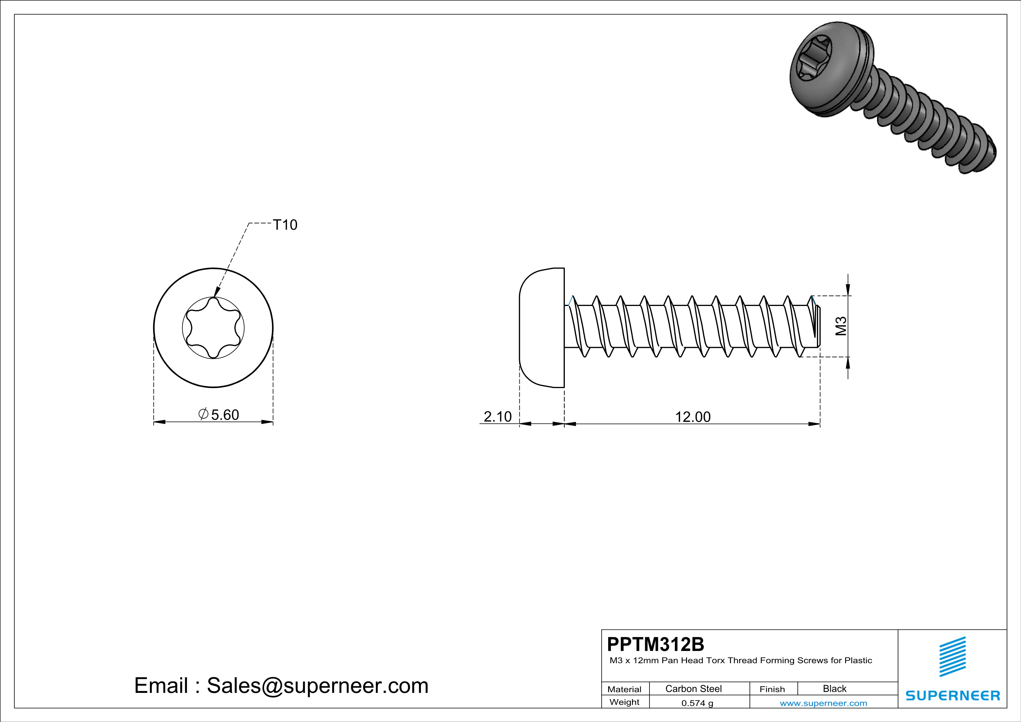 M3 &times; 12mm  Pan Head Torx Thread Foming Screws for Plastic   Steel Black