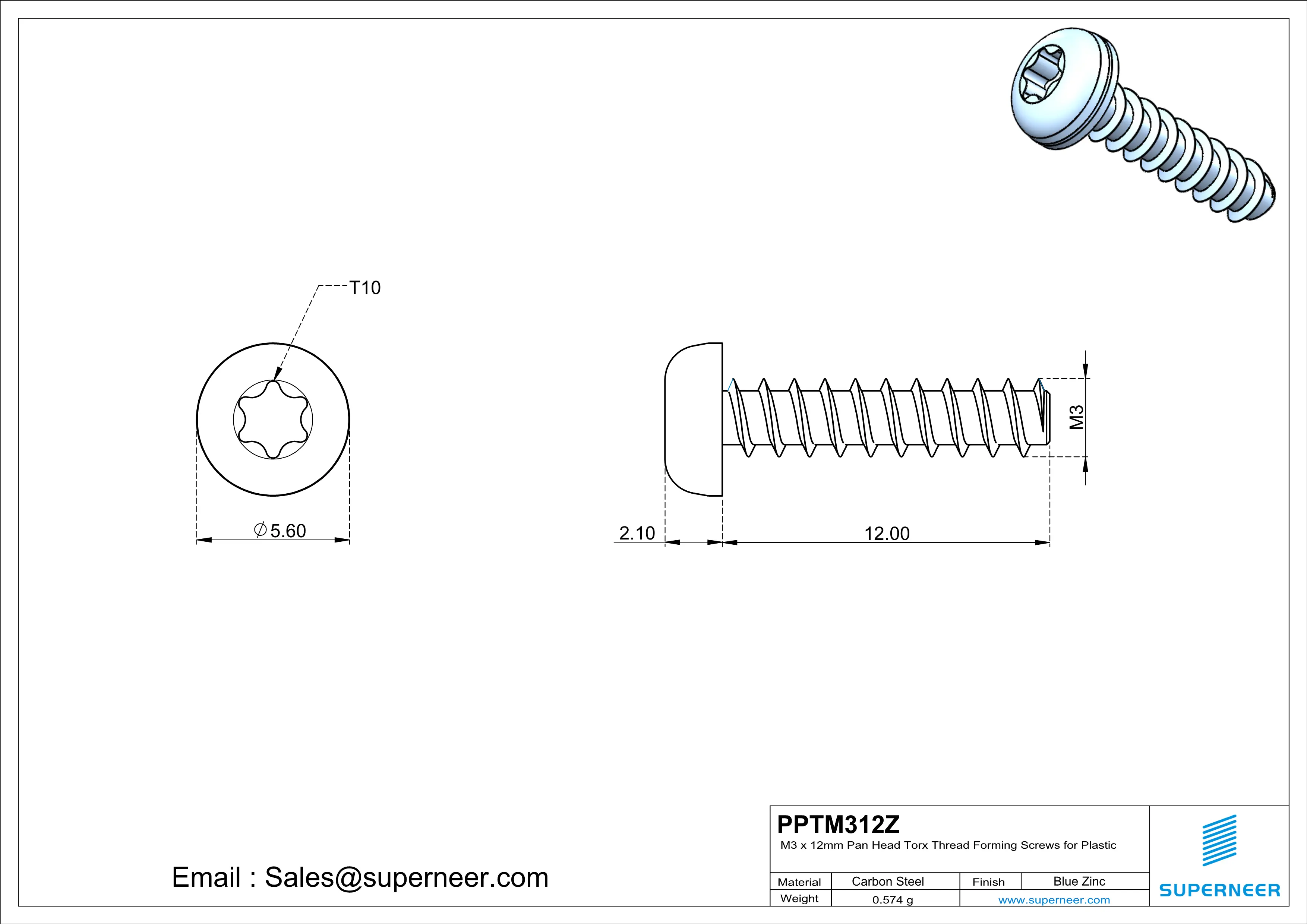 M3 &times; 12mm  Pan Head Torx Thread Foming Screws for Plastic   Steel Blue Zinc Plated