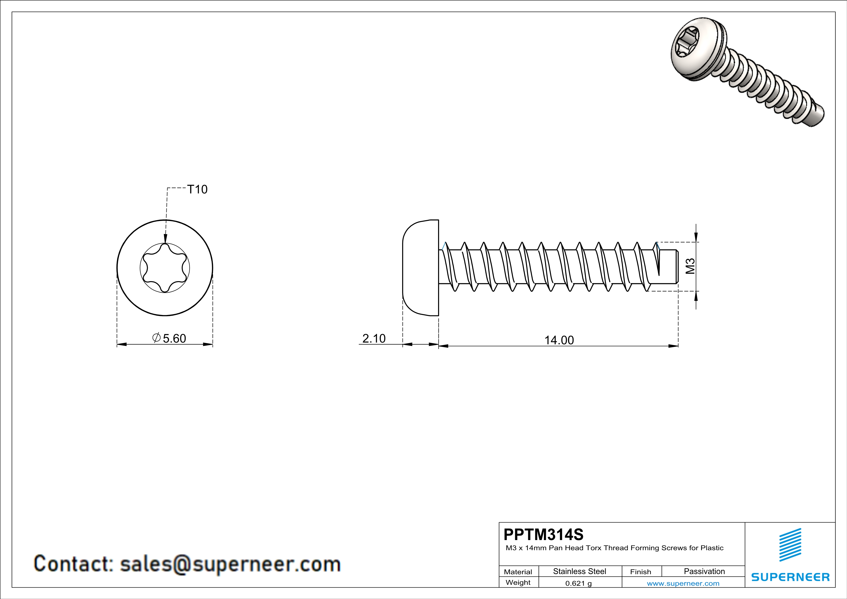 M3 &times; 14mm  Pan Head Torx Thread Foming Screws for Plastic SUS304 Stainless Steel Inox